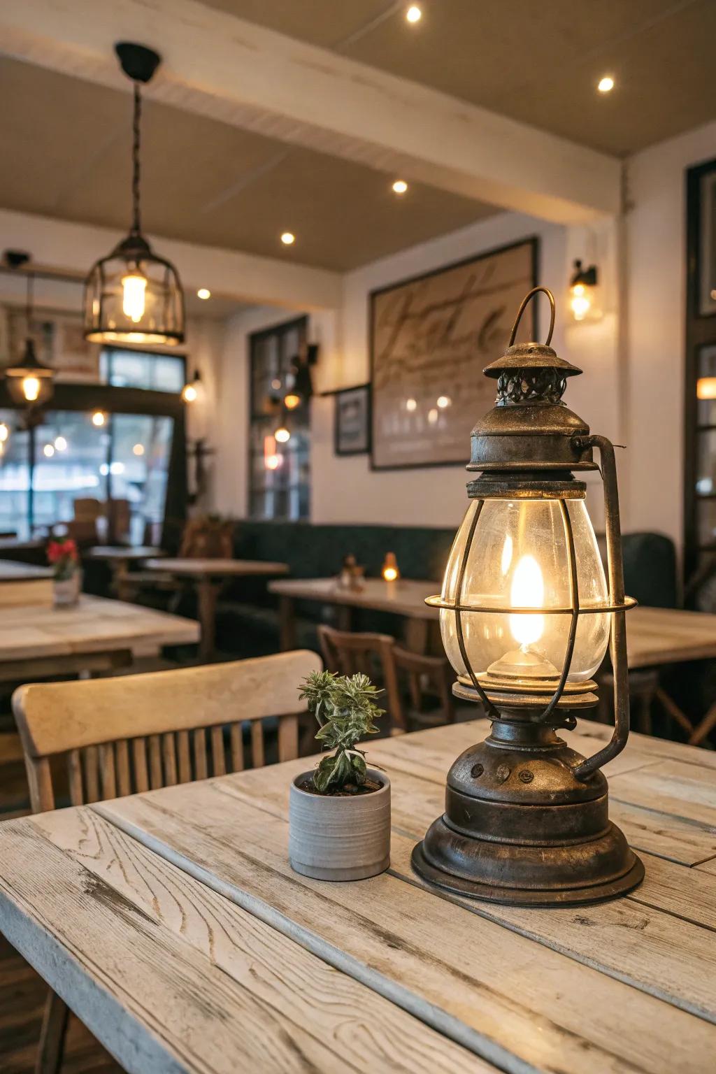 Vintage lantern-inspired table lamp displayed on a rustic wooden table within a restaurant setting.