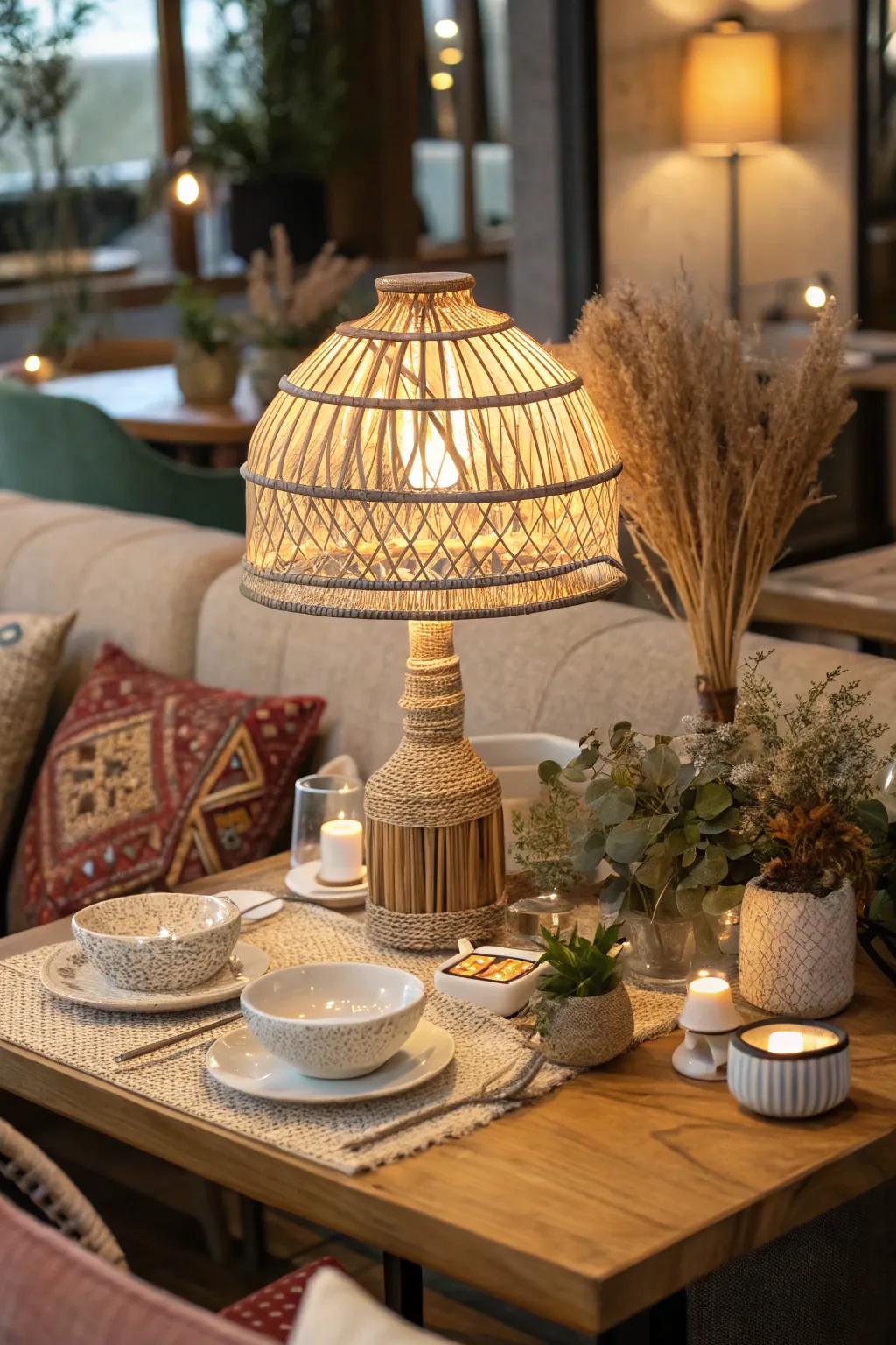 A woven table lamp displayed on a restaurant table with bohemian decorating elements.