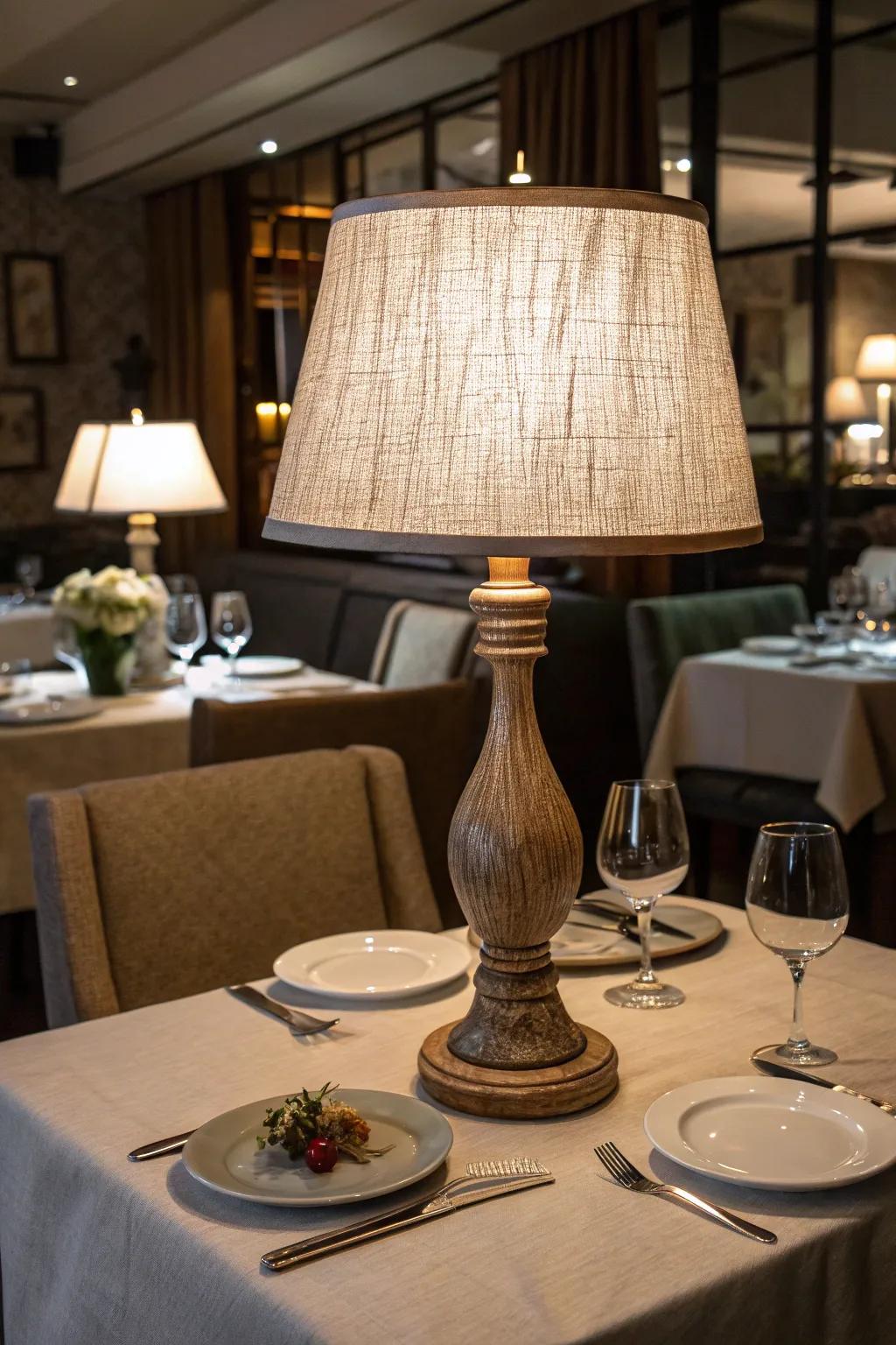 A table lamp featuring a textured fabric shade, situated on a restaurant table amid cozy decor.