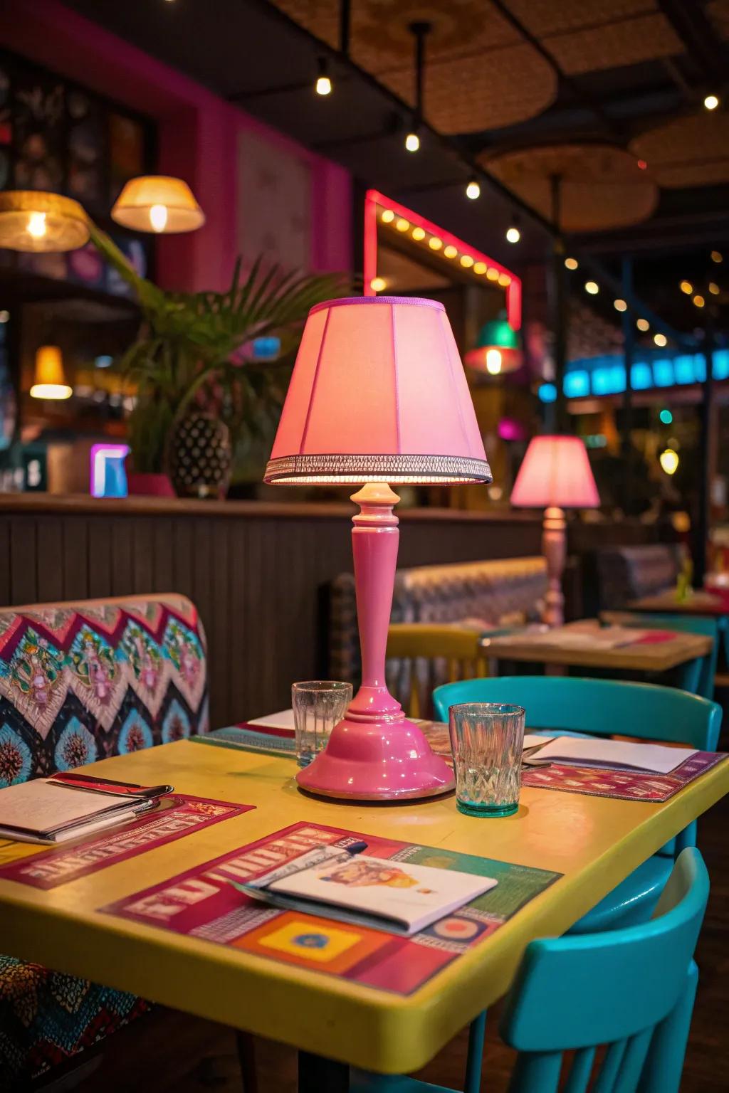 A neon table lamp on a lively restaurant table, enhanced by colorful decor.