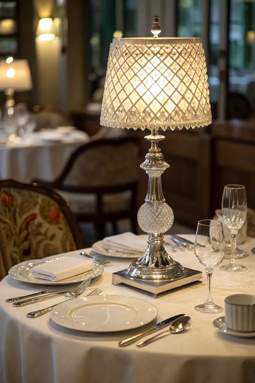 A crystal table lamp on a sophisticated restaurant table setting.