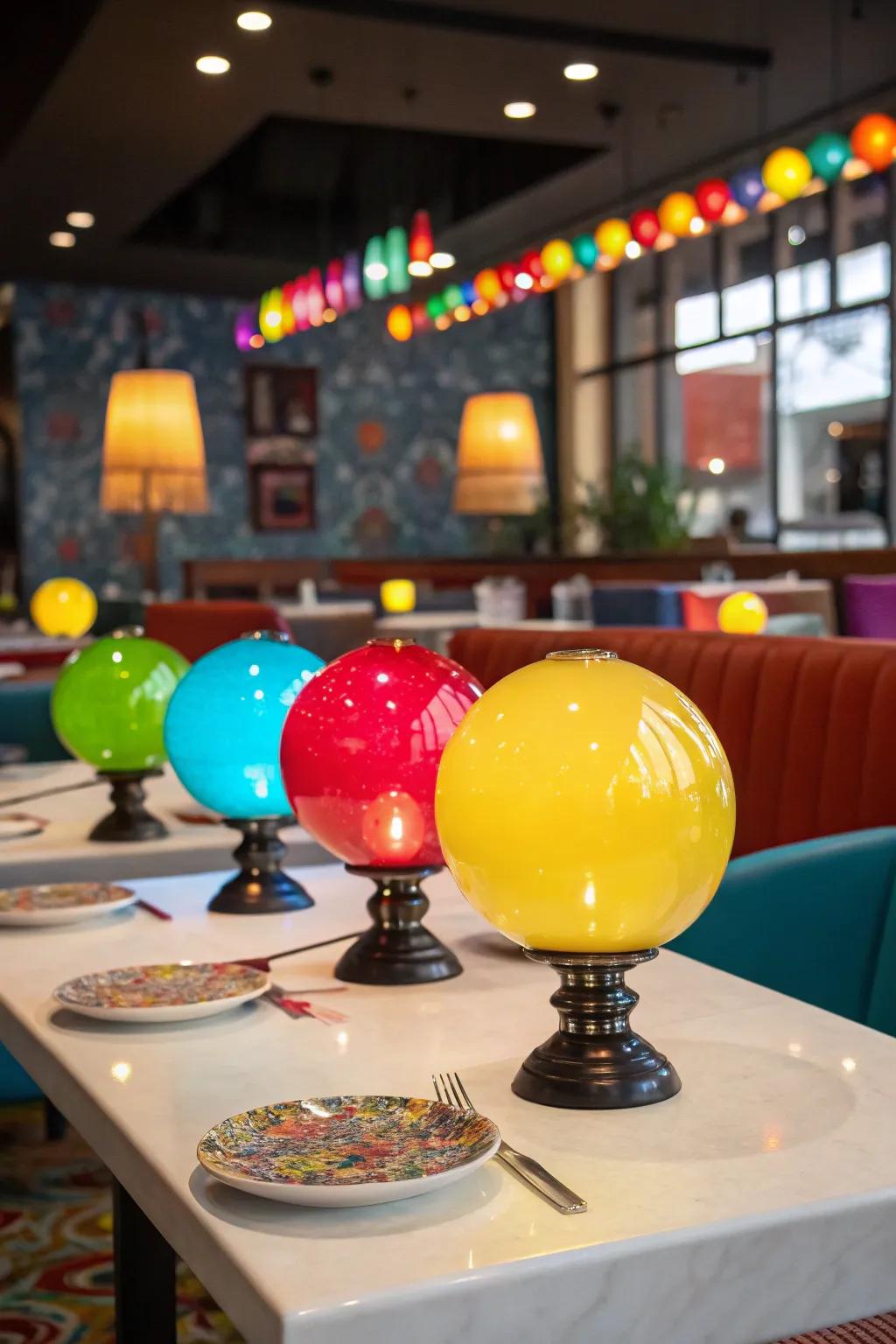 Vibrant glass orb table lamps situated on a restaurant table, bordered by colorful decor.