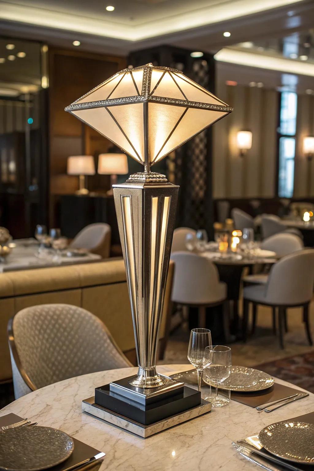 An Art Deco table lamp that includes a geometric design, situated on a lavish restaurant table.