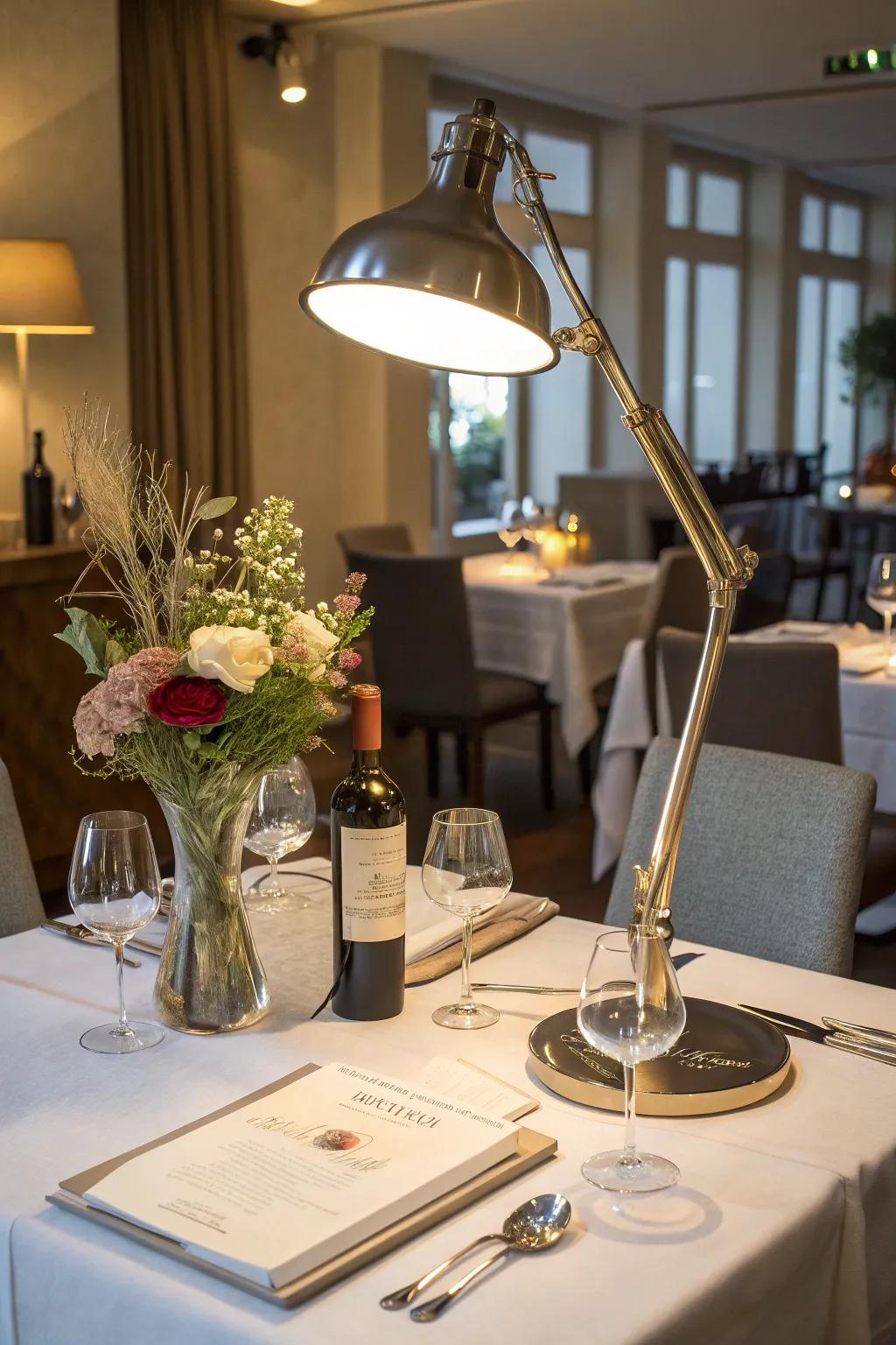 An adjustable arm table lamp positioned on a restaurant table, highlighting decorating objects.