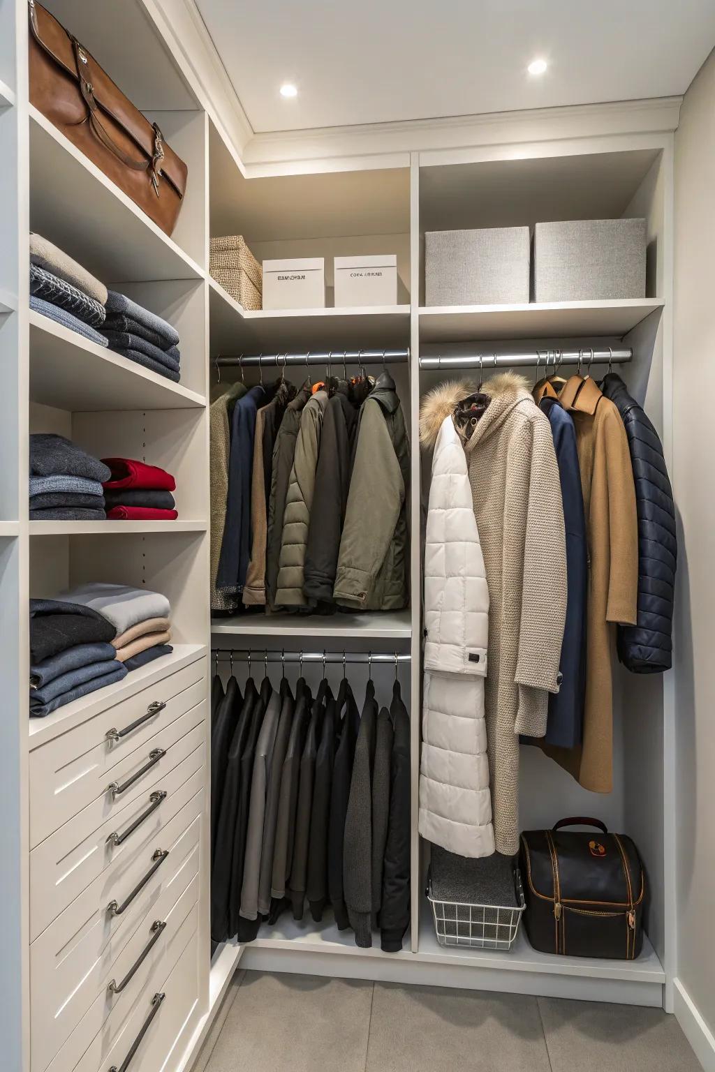 A closet optimized for structured coat storage.
