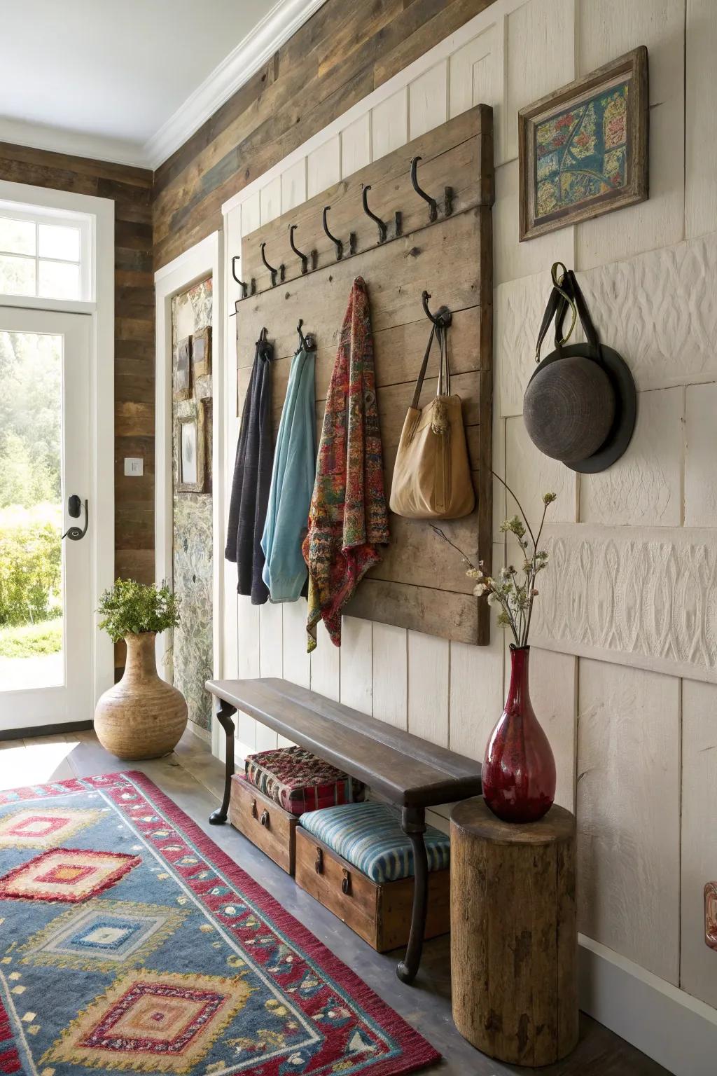 Ornamental hangers adding charm and structure to the entryway.