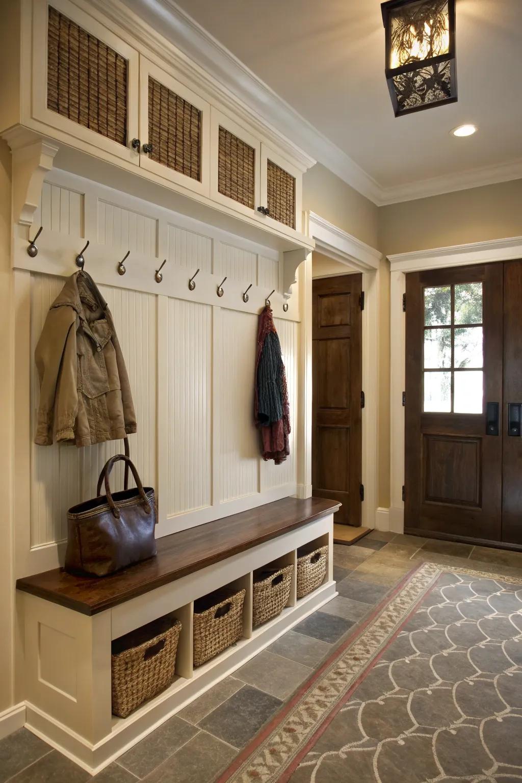 Wainscoting combined with hangers for ageless elegance.