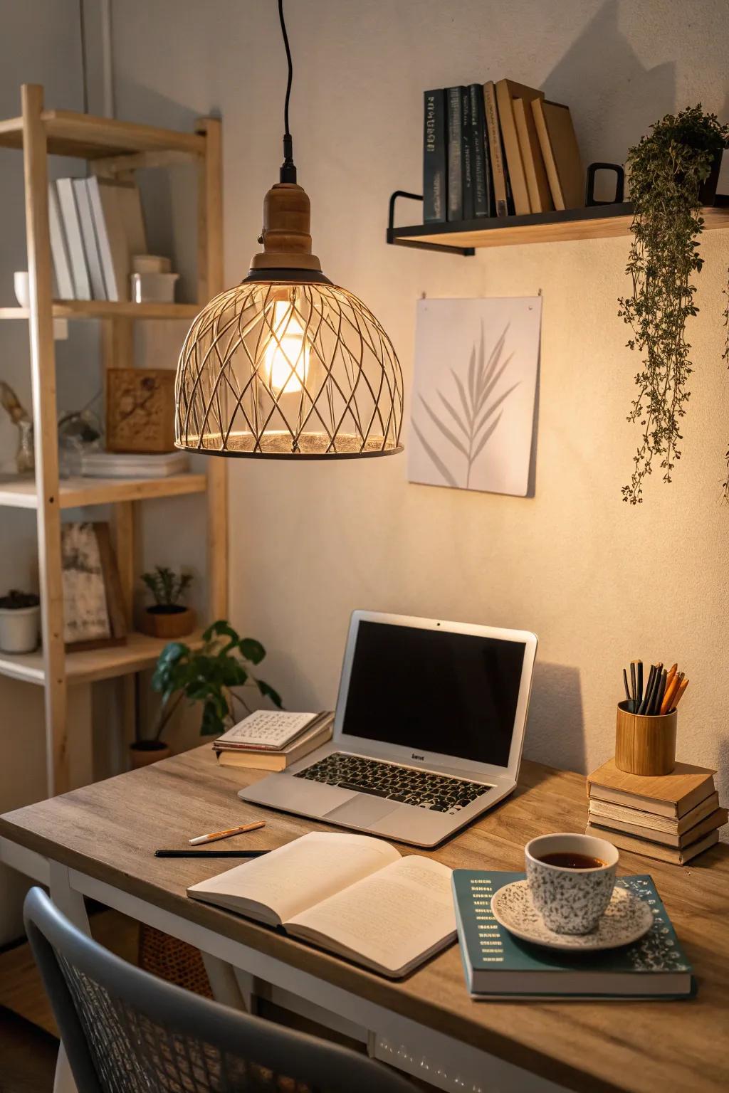 Achieve balance in your home office using fashionable pendant illumination.