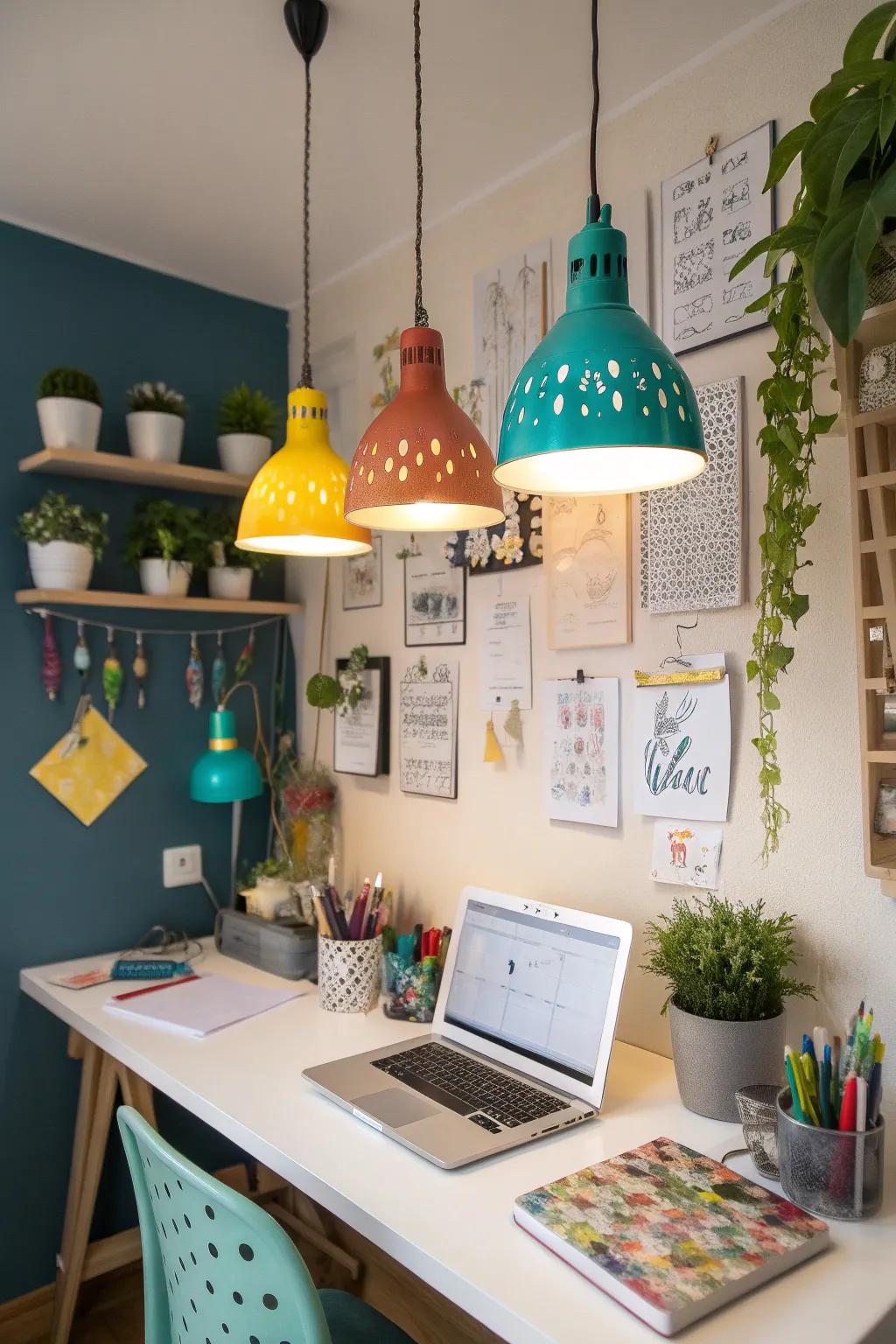 Incorporate vibrant pendant lights to introduce a burst of creativity to your workspace.