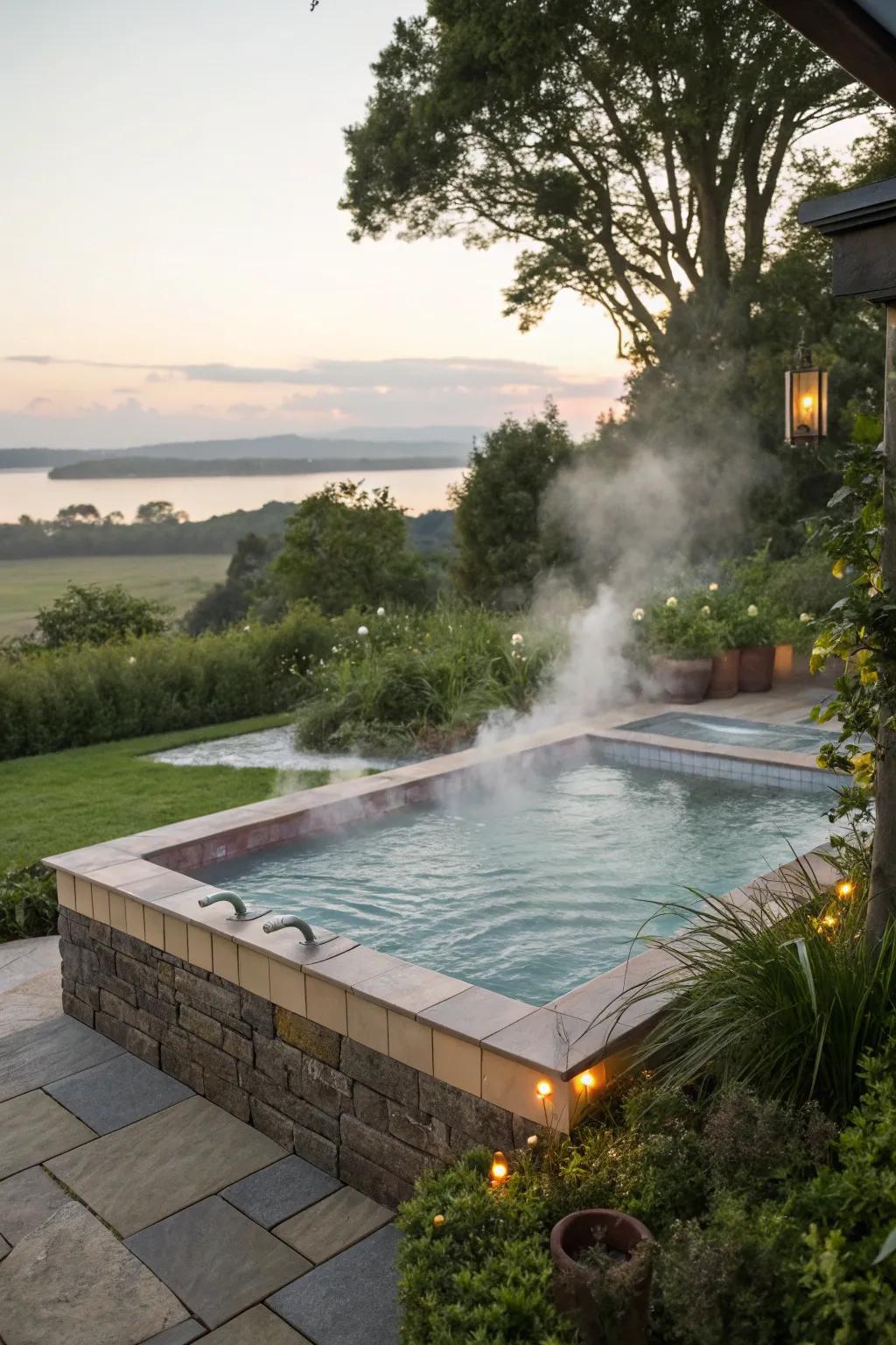 An integrated hot tub provides warmth and relaxation.