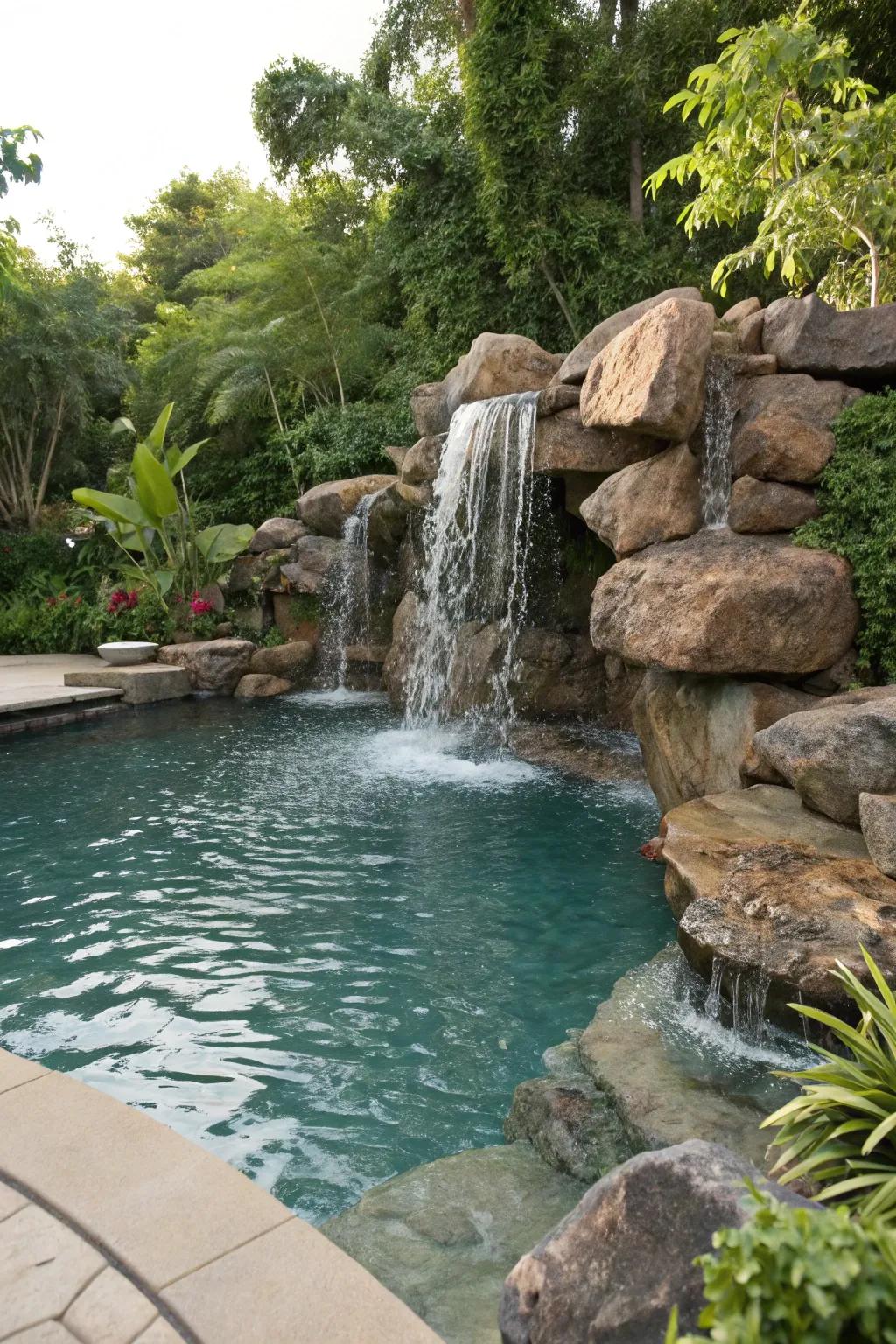 A cascading water feature incorporates action and calmness.
