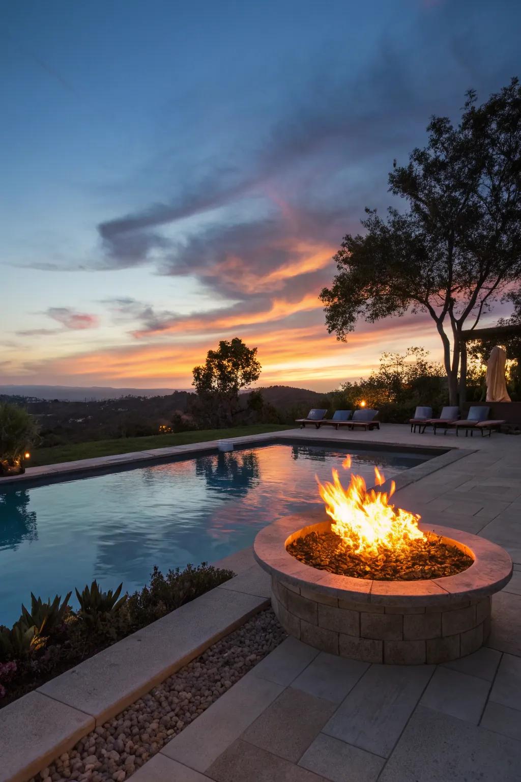 A fire pit injects warmth and ambiance.