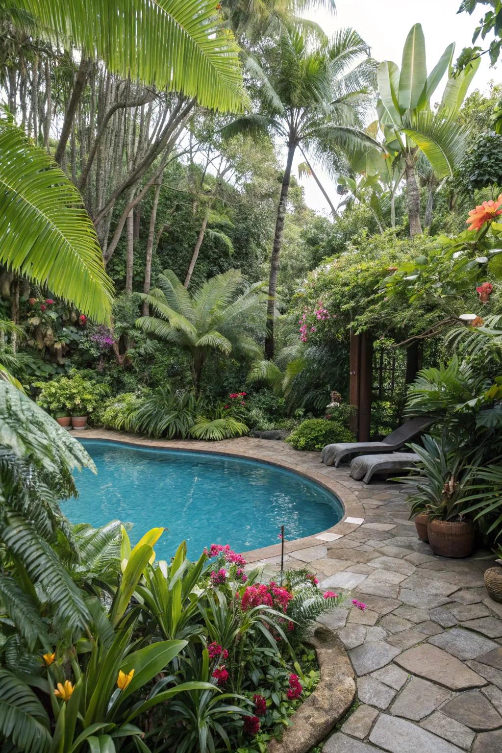Exotic flora infuses a resort vibe to your backyard pool.