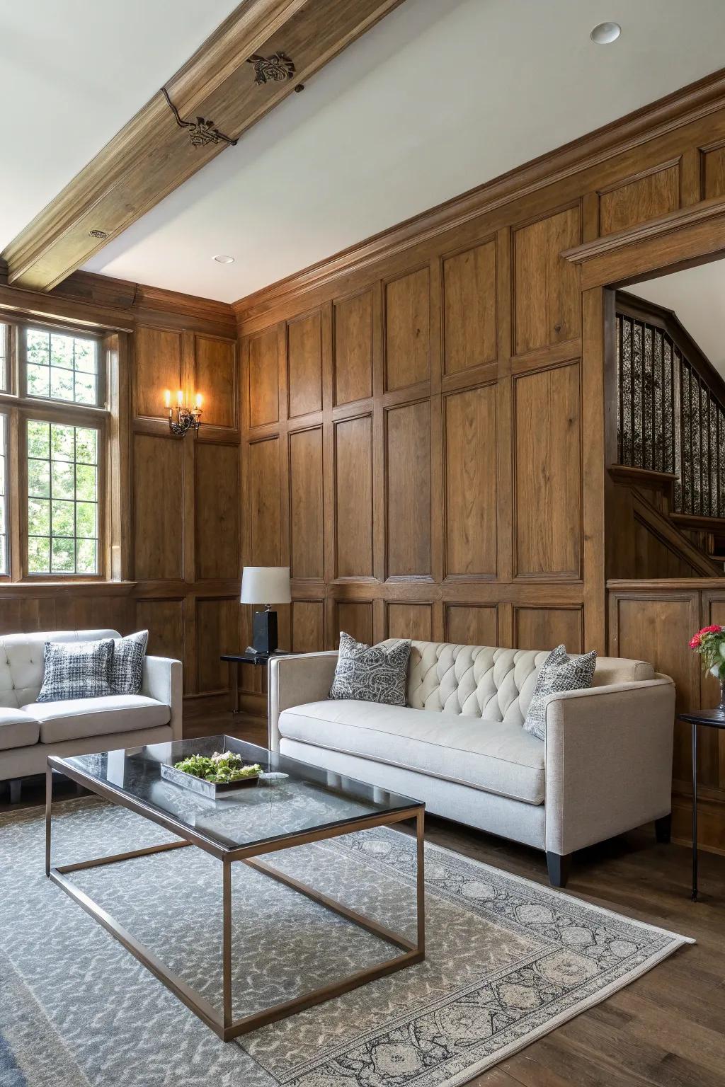 Wainscoting provides a balanced mix of modern and rustic styles.