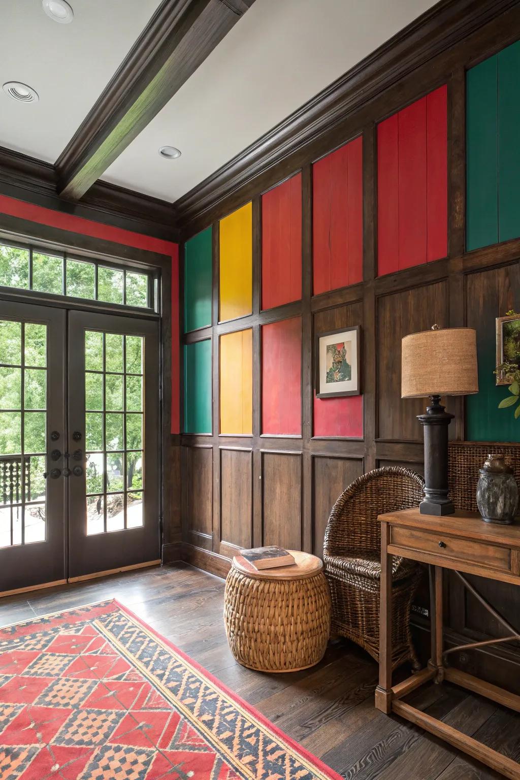 Vibrant colors in rustic wainscoting for a vibrant effect.