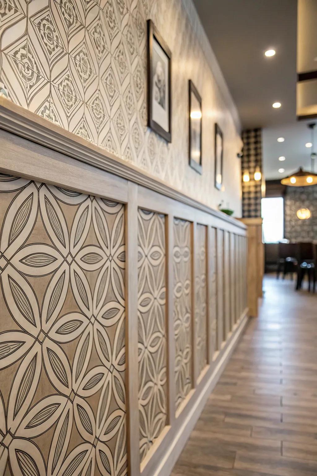 Wainscoting's use of geometric patterns adds a contemporary spin.