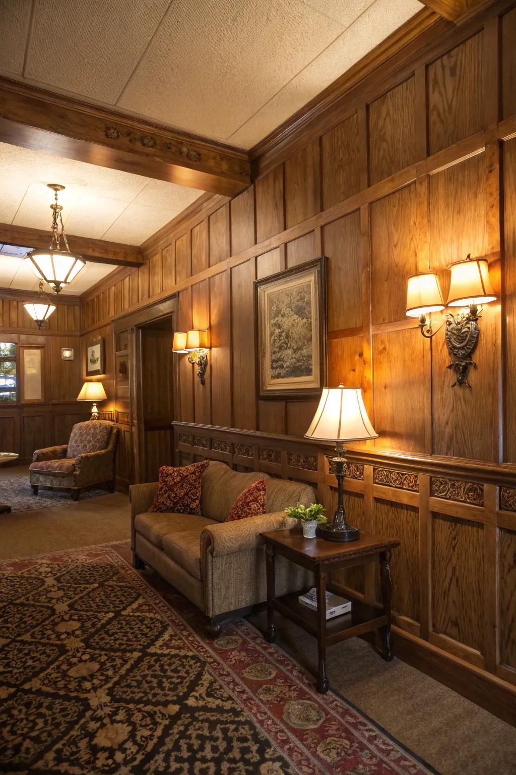 The rustic beauty of wainscoting is enhanced by soft lighting.