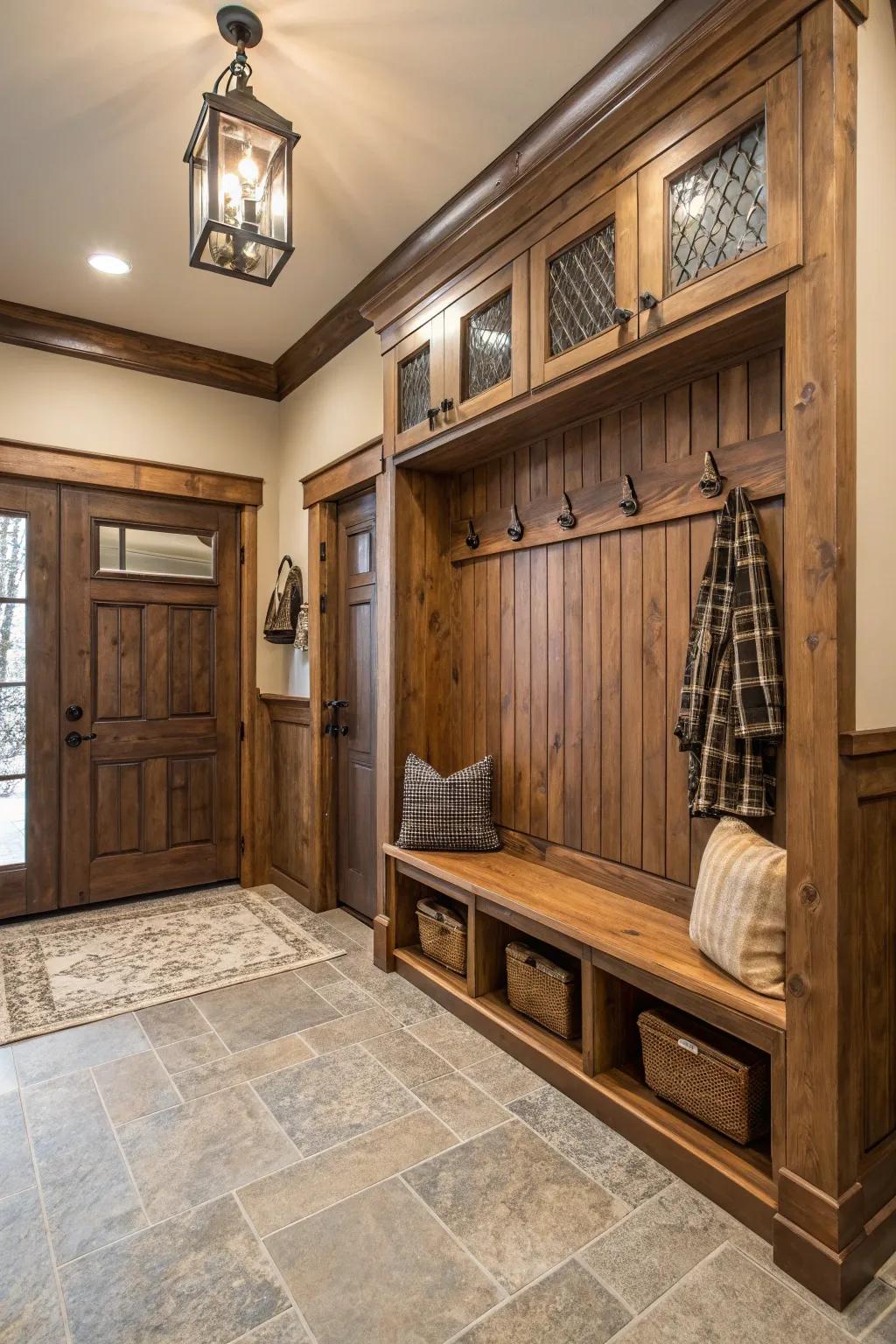 Rustic wainscoting makes a functional and fashionable entryway.