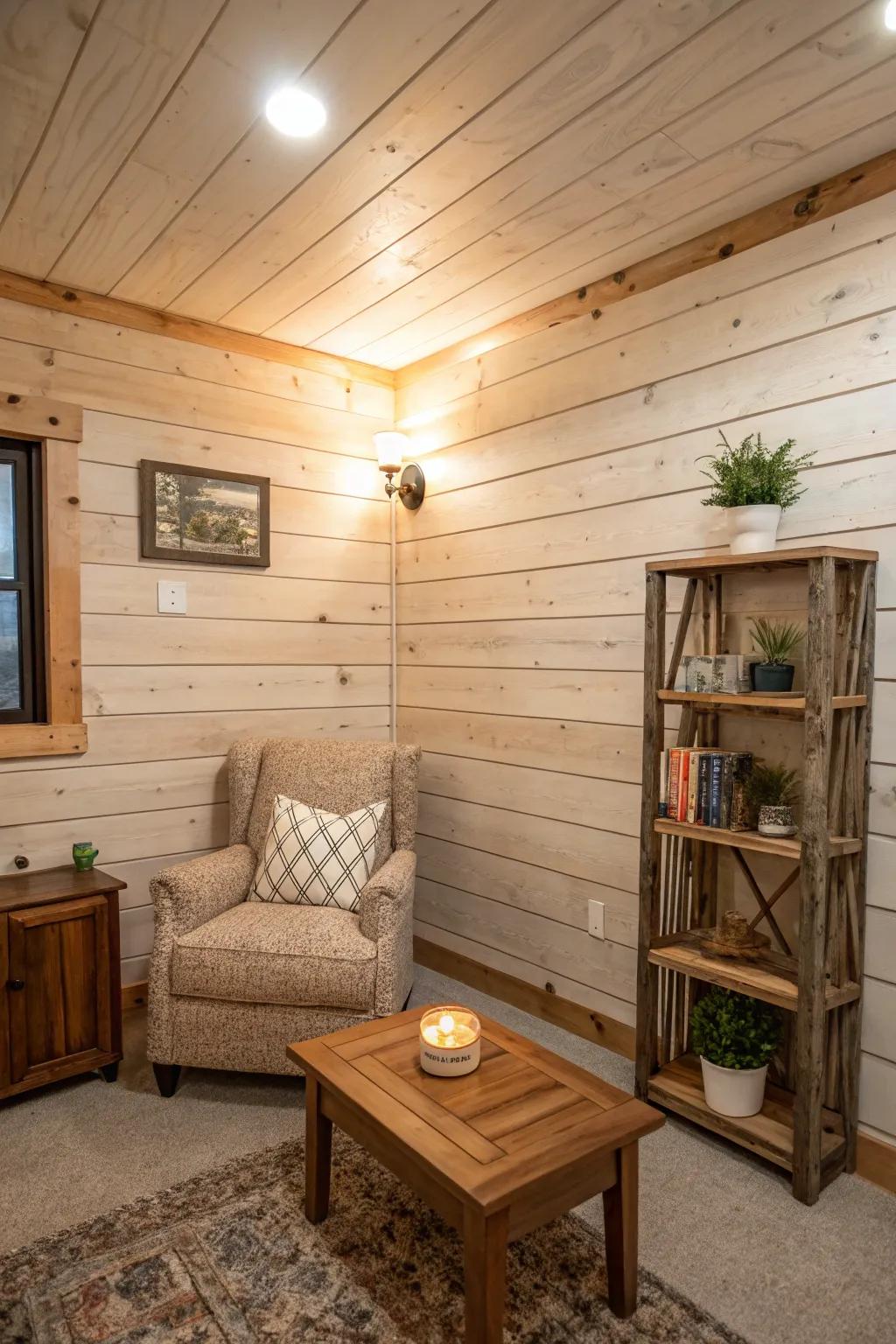 Shiplap wainscoting gives a cozy cottage ambiance.