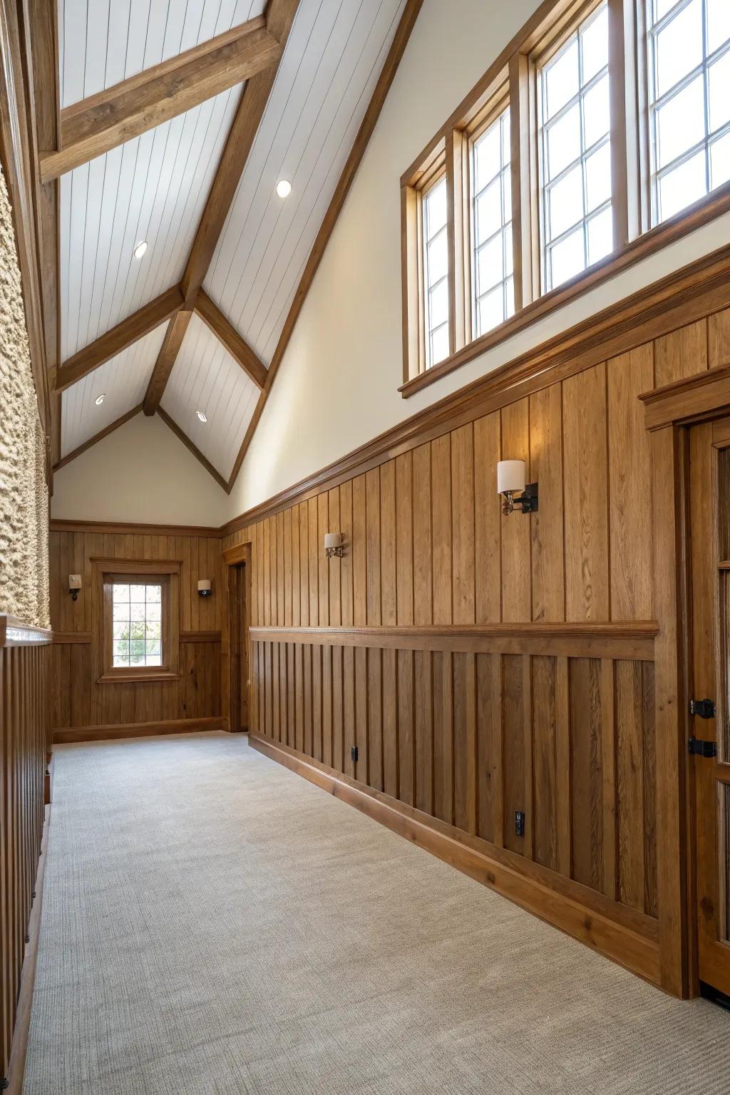 The appearance of height is created by vertical strips in wainscoting.