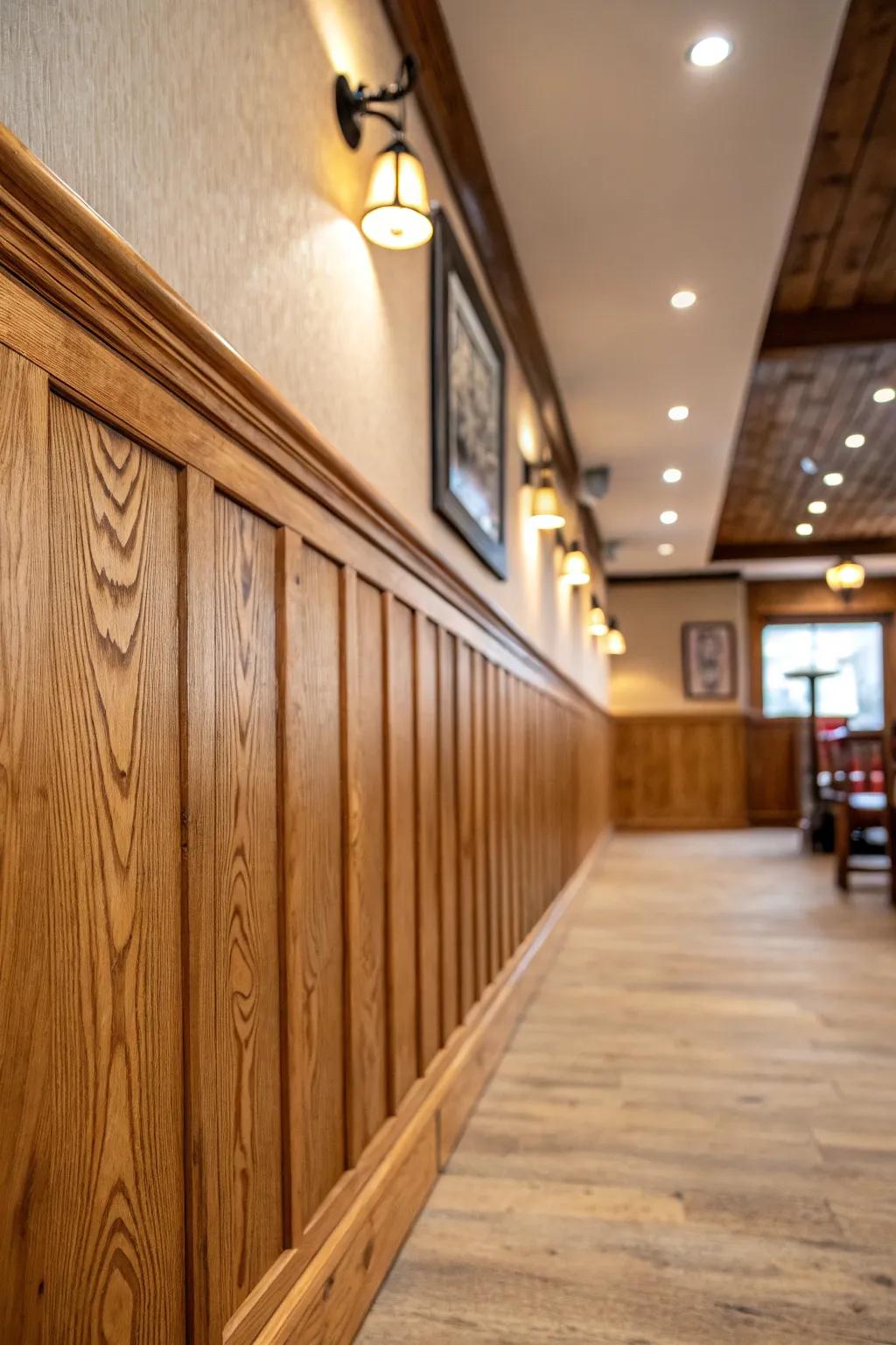 Beautiful grains and rustic charm are highlighted by natural wood wainscoting.