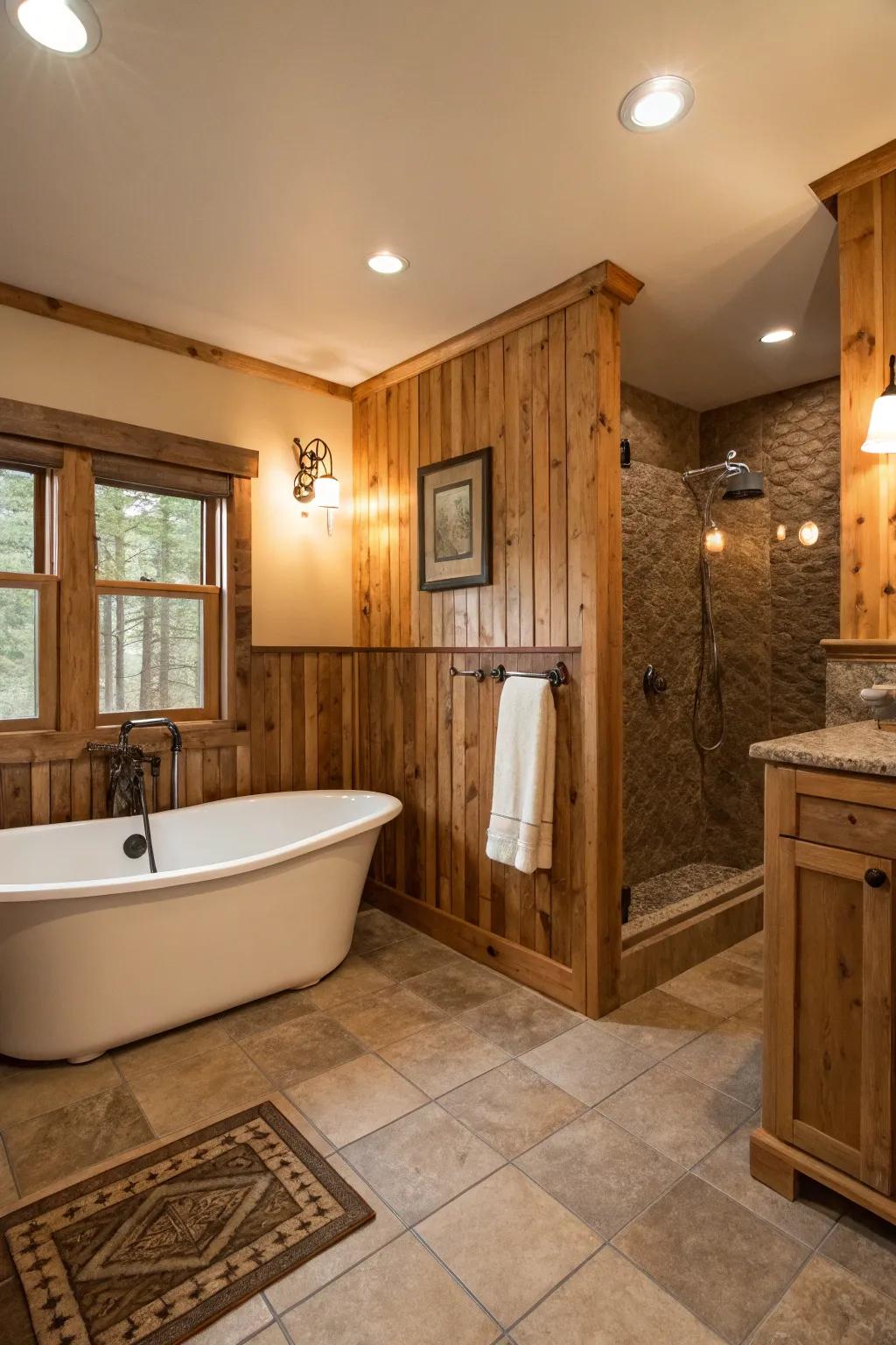 Rustic wainscoting improves a bathroom oasis.