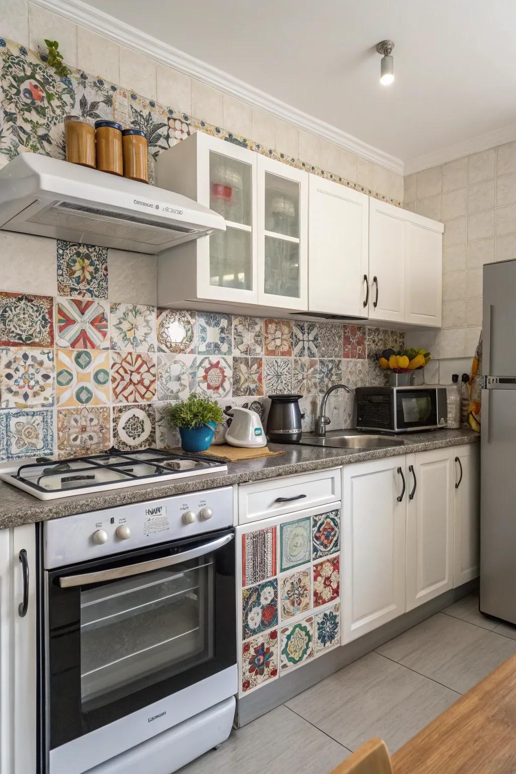 A chic, simple-to-install backsplash is made possible by tile stickers.