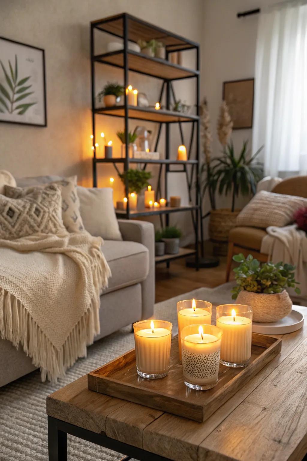 Candles provide a calming and cozy ambiance.