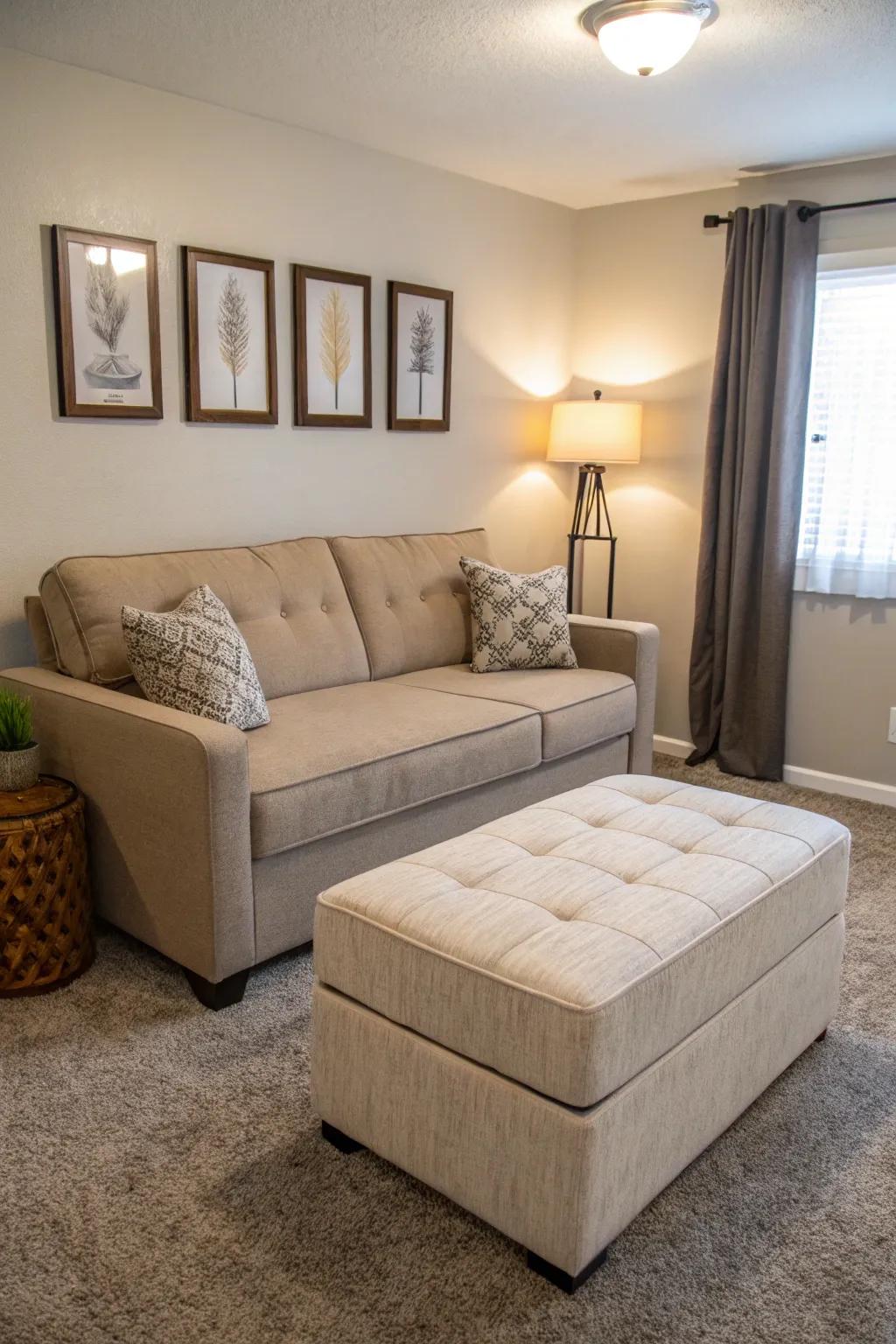 Space and function are maximized by multipurpose furniture.