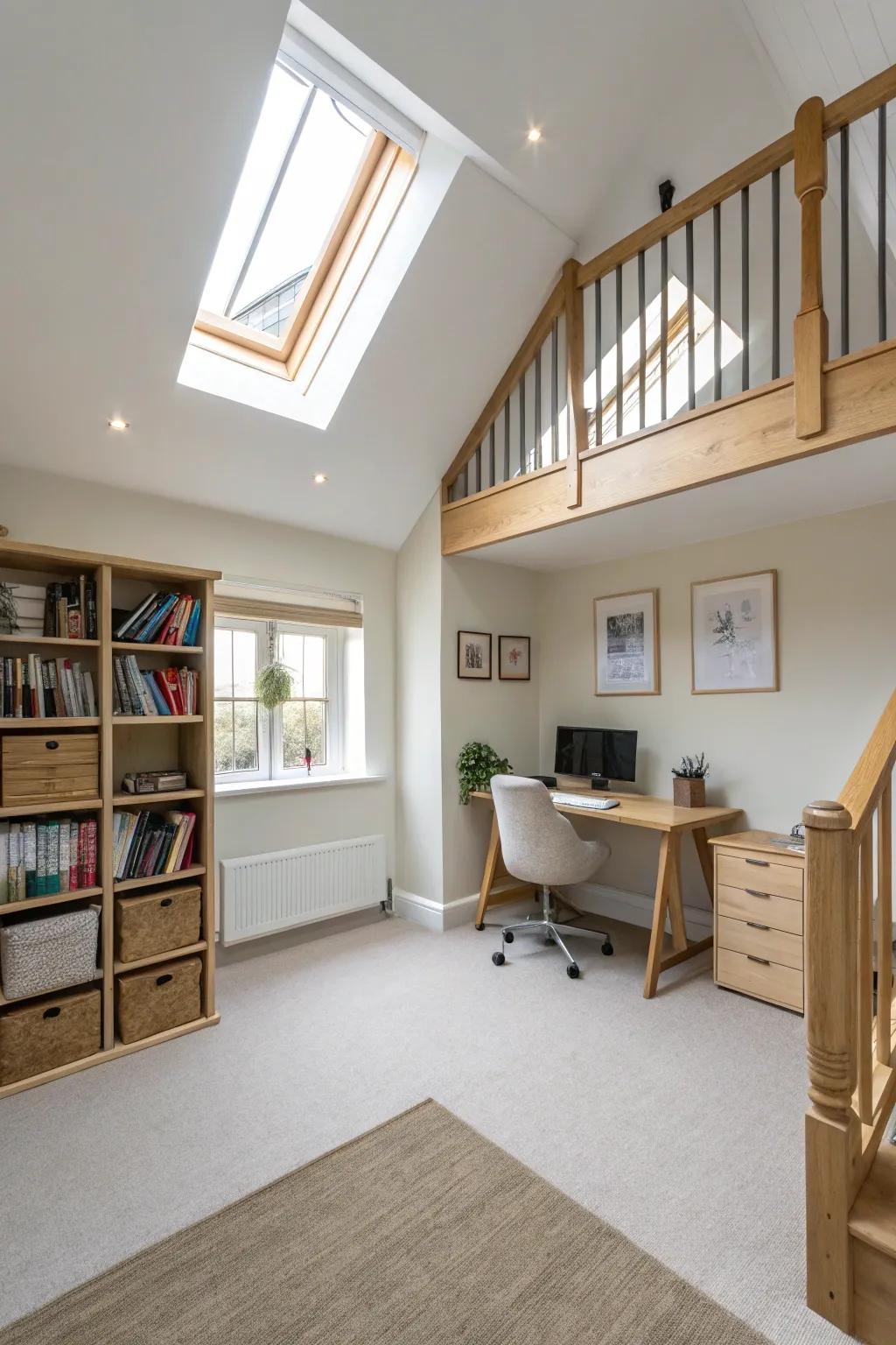 An open layout maintains a spacious feel in your loft office.