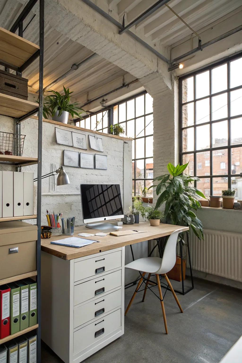 A practical workspace is the centerpiece of your loft office.