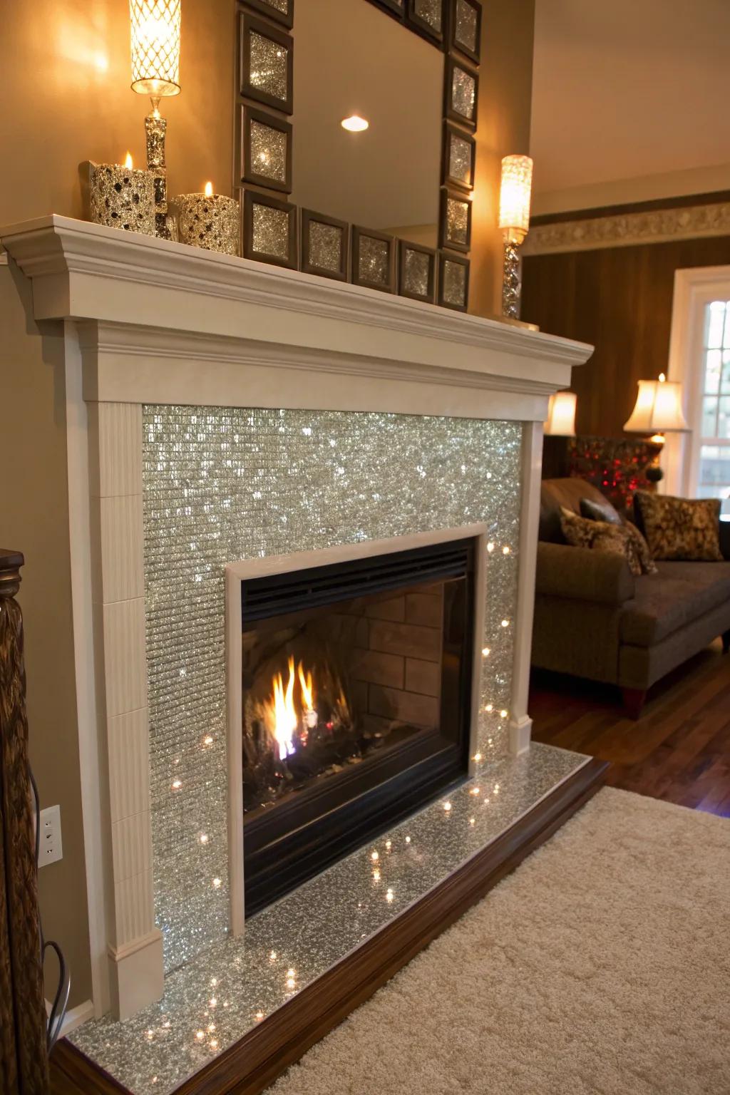 Glass squares on a fireplace mantel transform it into a sparkling point of interest.