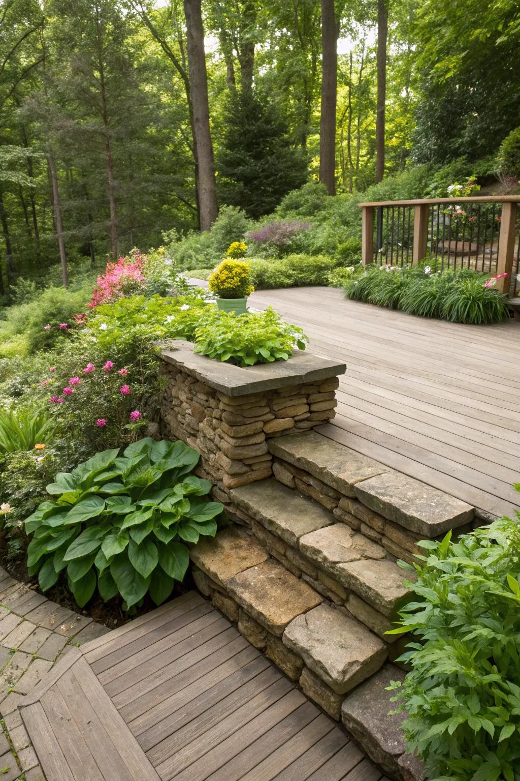 A deck beautifully enhanced with classic stacked stone skirting, harmonizing perfectly with the surrounding greenery.