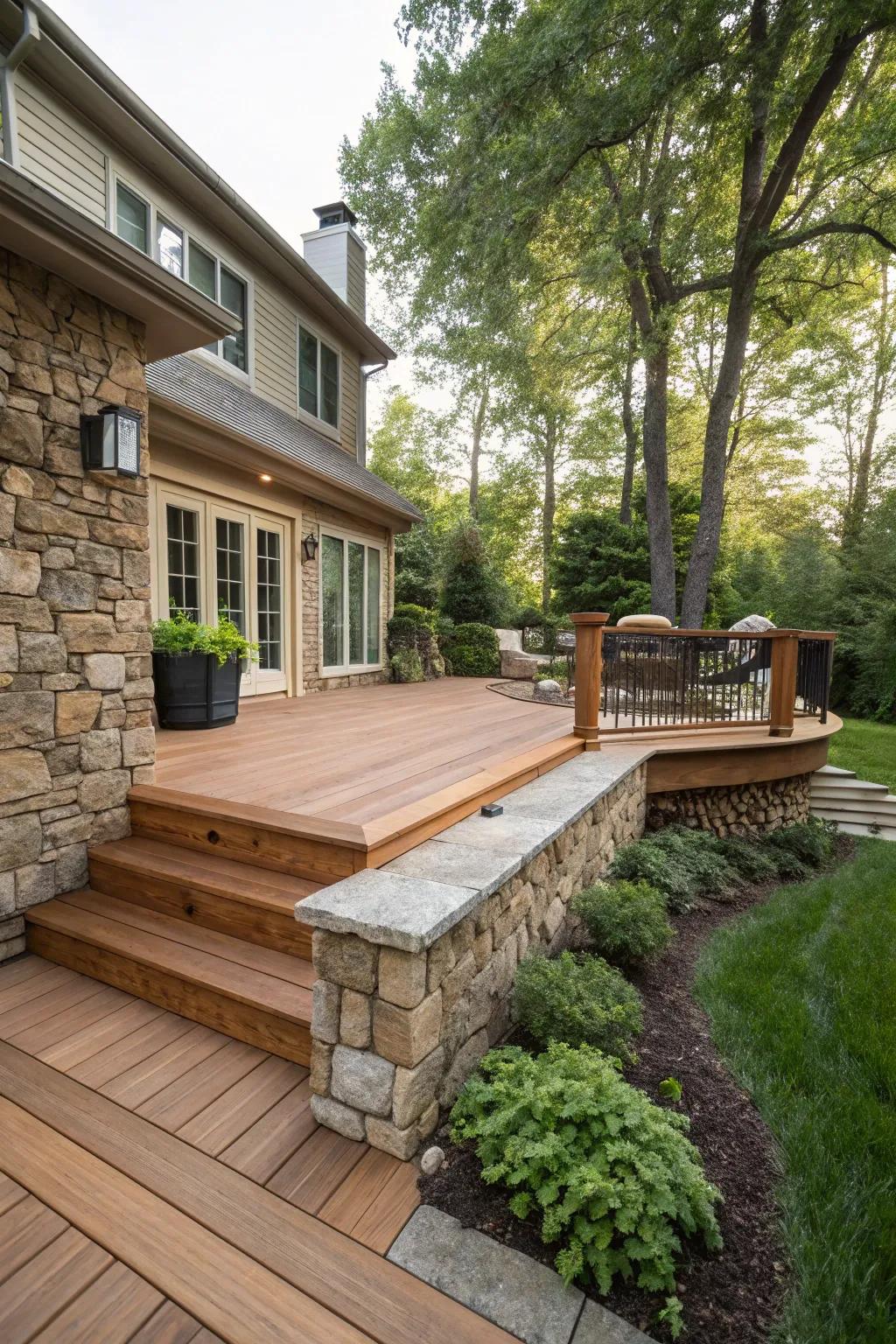A serene integration of stone and wood skirting, bestowing rustic appeal to the deck.