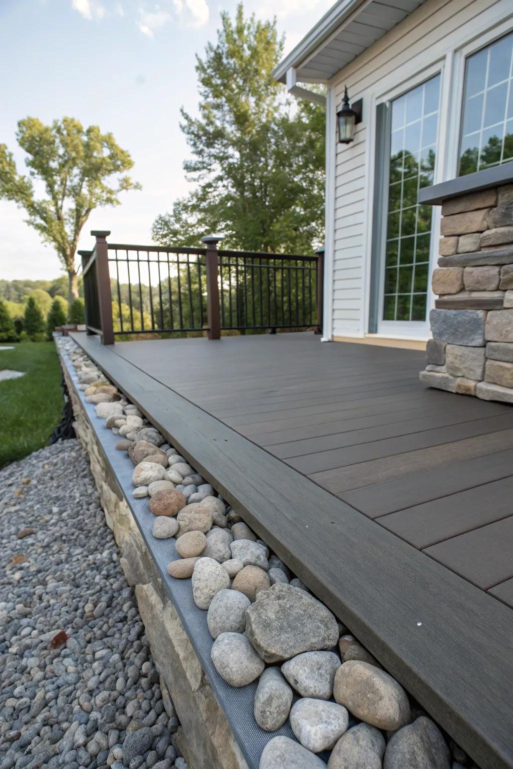 A mesmerizing amalgamation of polished and textured stone skirting, imparting depth to the deck.