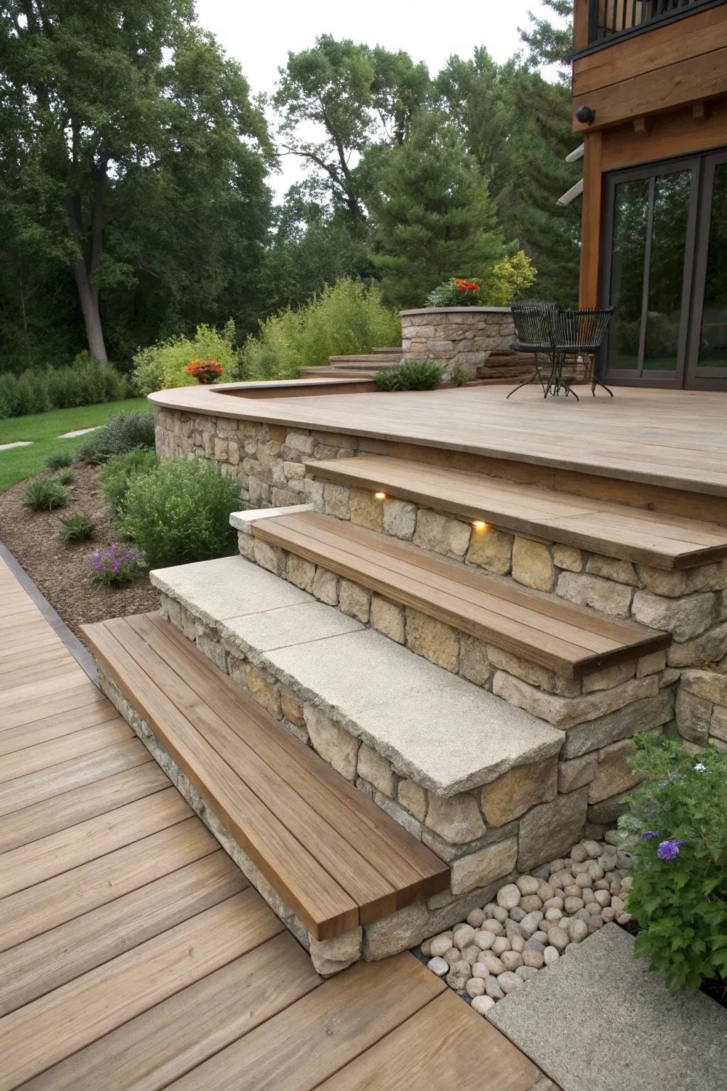 Stone staircase beautifully integrated into the overall skirting design of the deck.