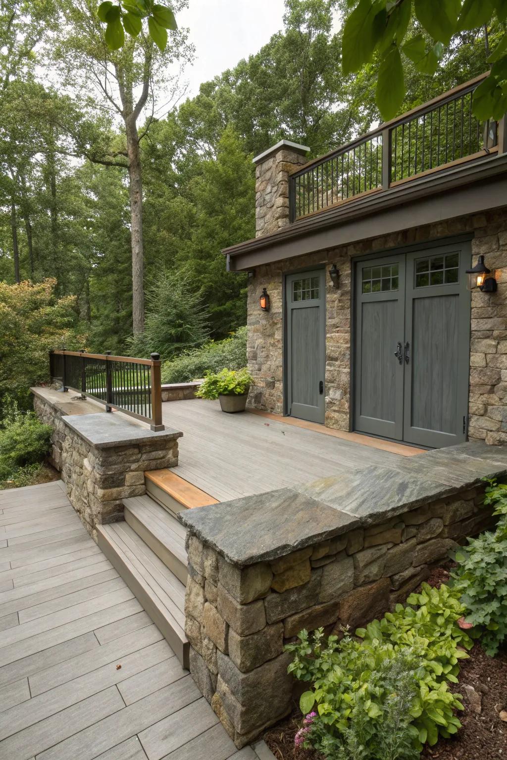 Stone skirting with cleverly integrated entryways, amplifying functionality.