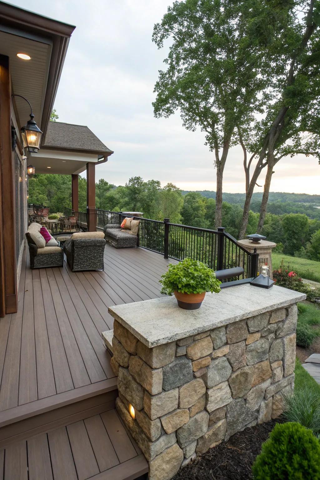 An elevated deck refined with stone skirting, presenting a neat and complete facade.