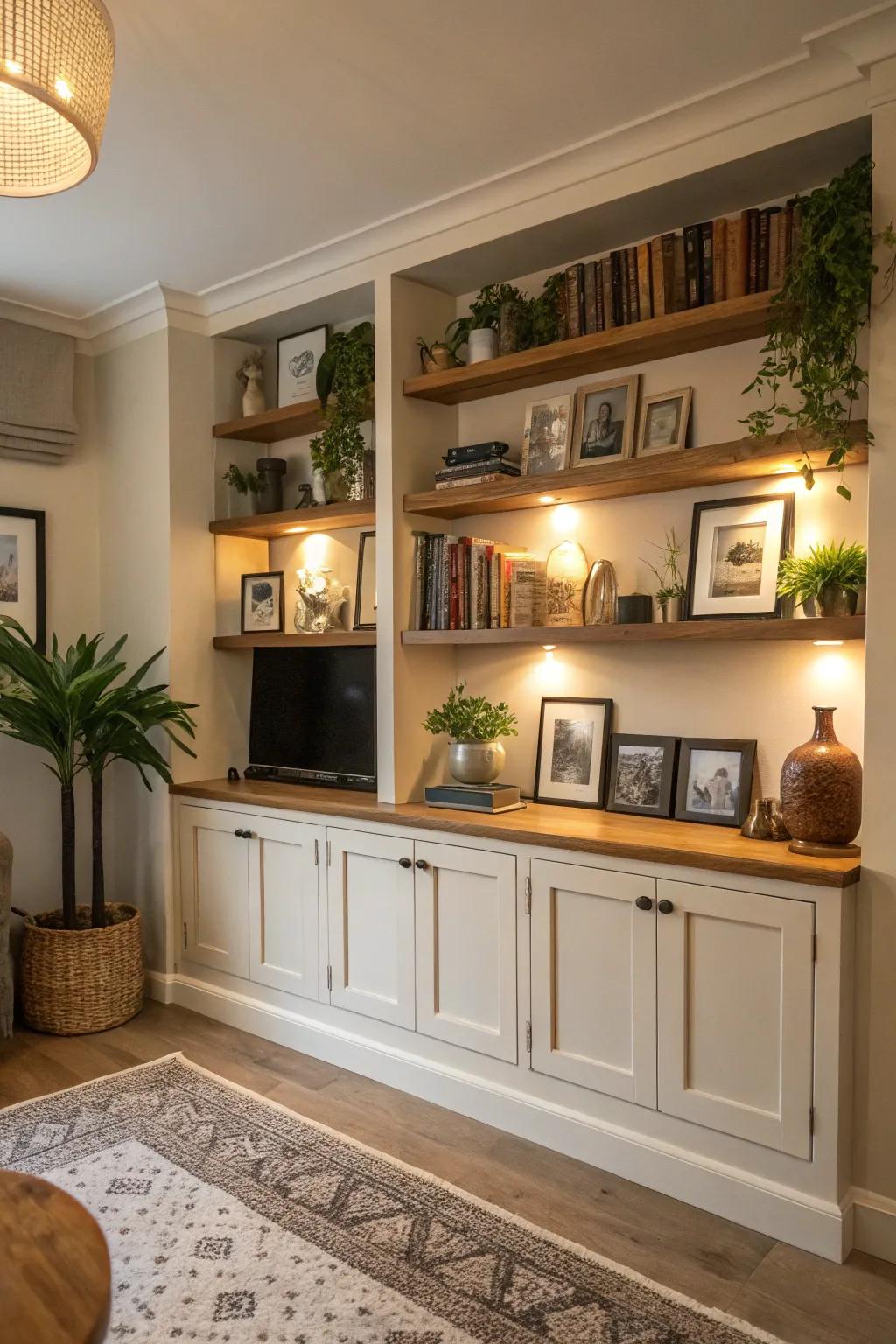 Merge exposed racks with concealed stowage for a clutter-free aesthetic.