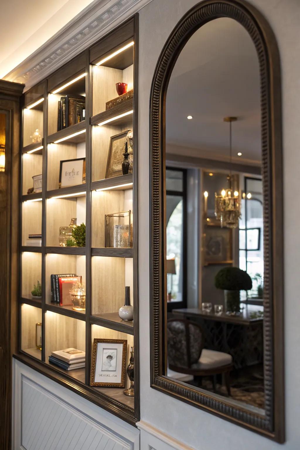 Employ reflective surfaces to establish depth and reflect illumination within your alcove.