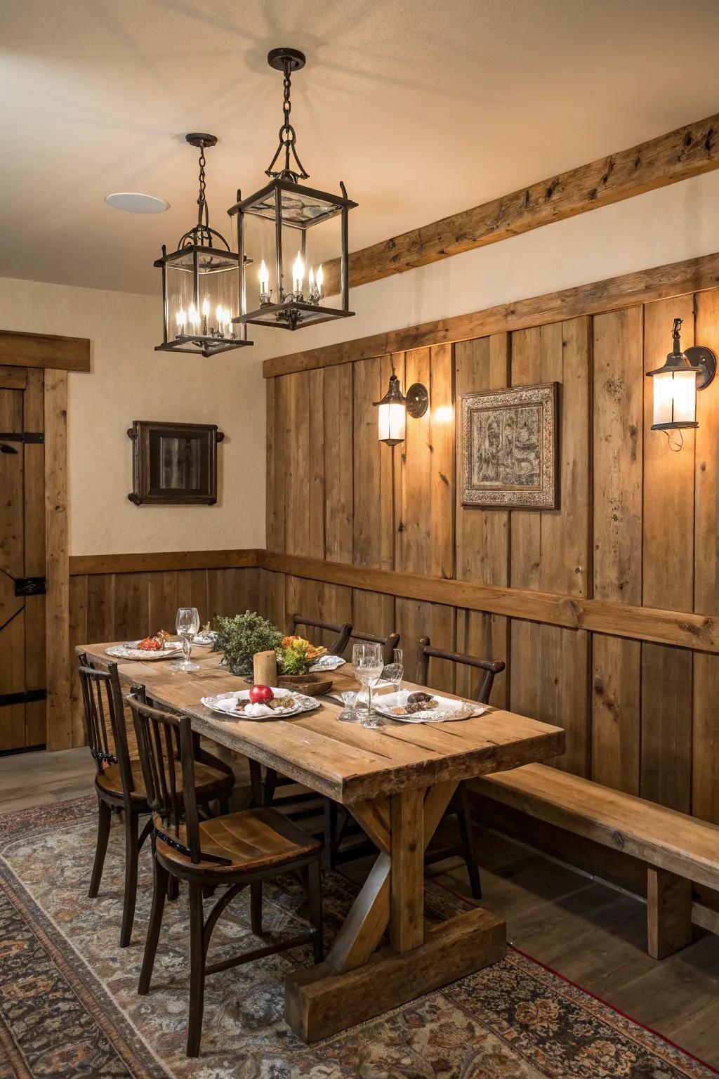 Reclaimed wood paneling infuses your dining area with character and a sense of history.