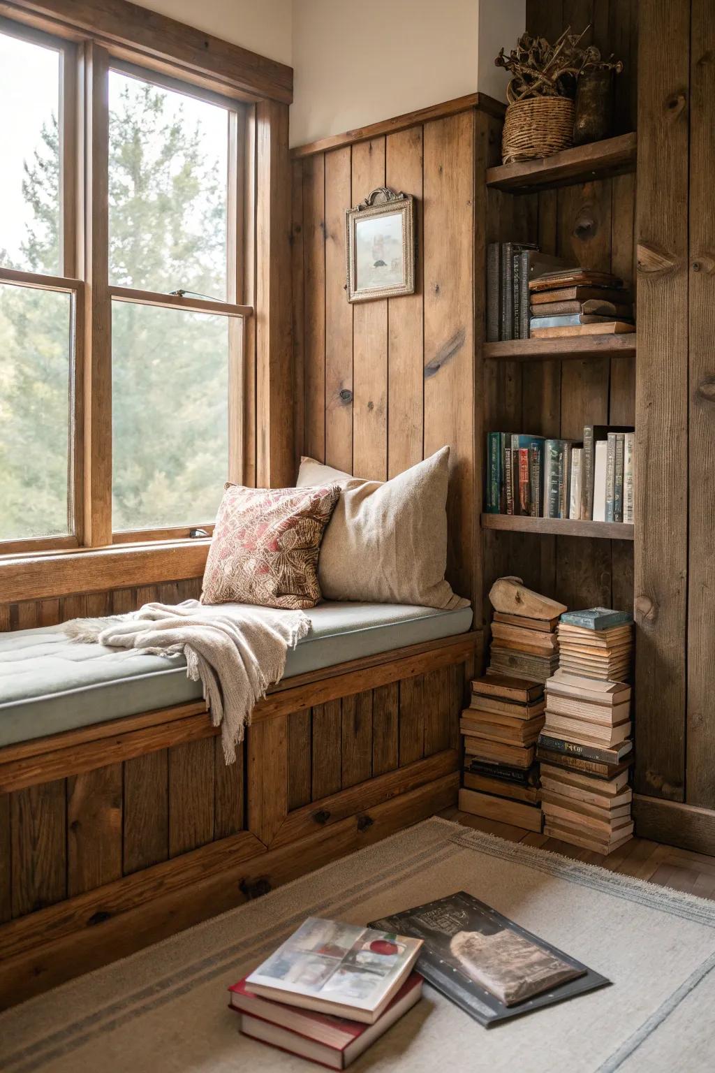 Establish a snug reading alcove through country paneling and comfortable seating.