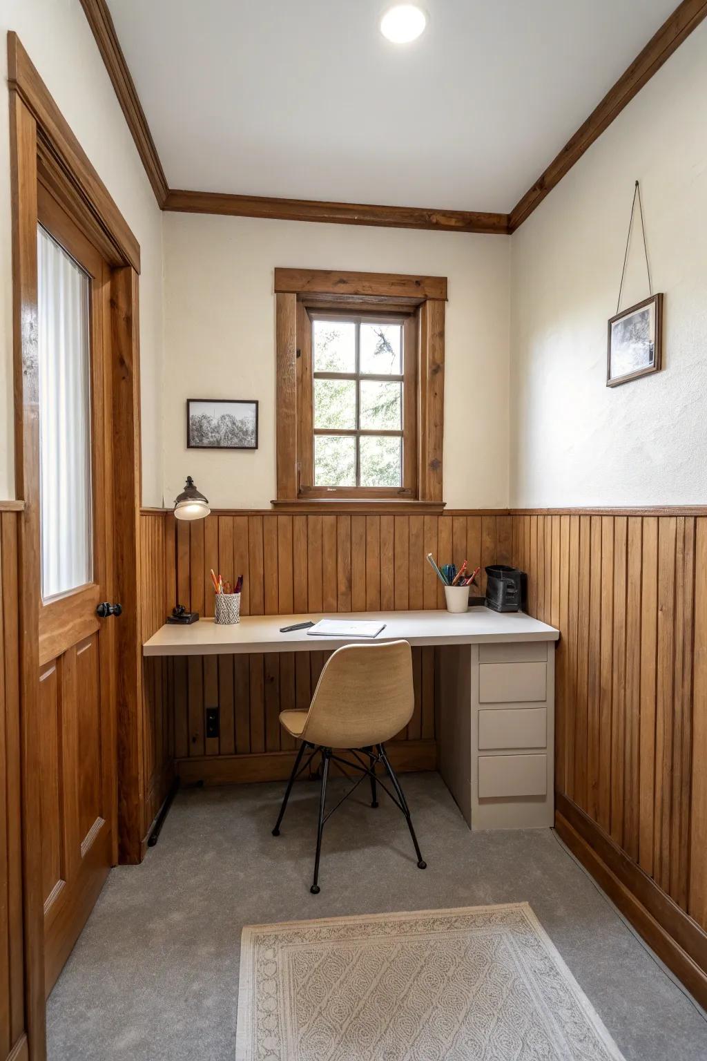 Minimalist paneling furnishes a tidy and orderly aesthetic.