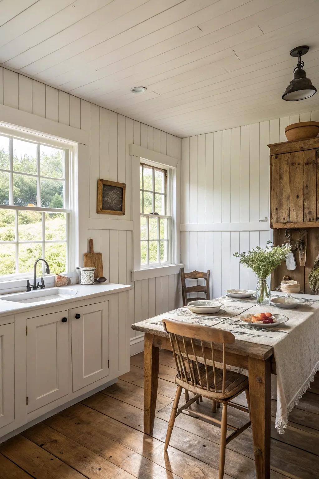 Whitewashed timber paneling conveys a spacious and radiant country aesthetic.