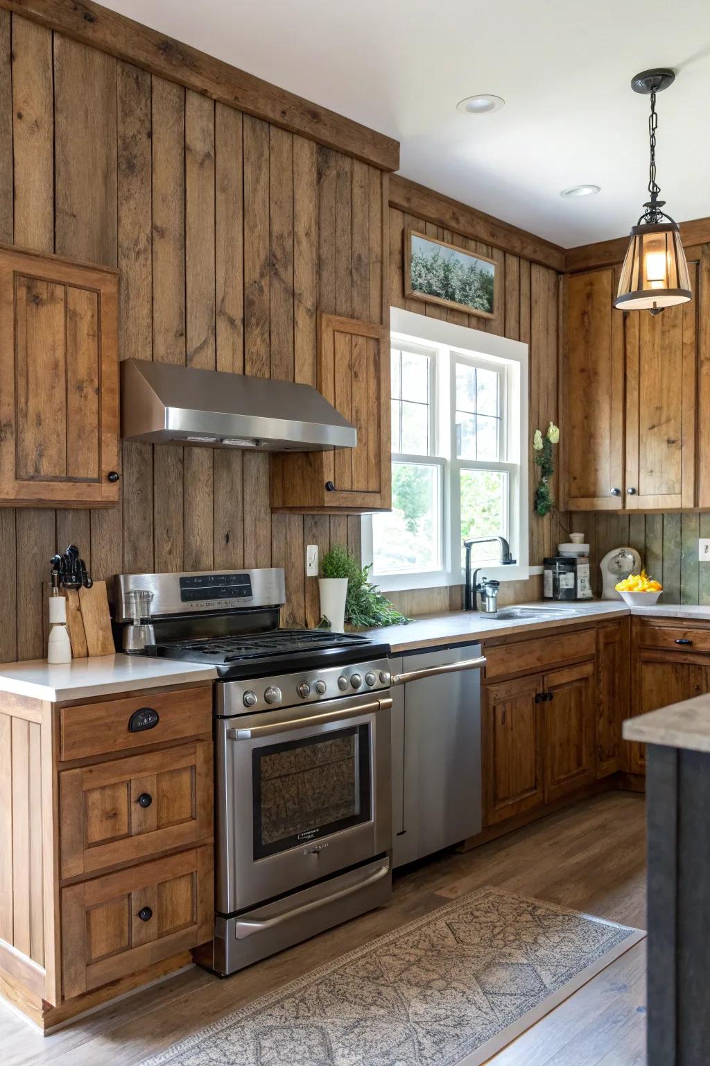 Country paneling in the cooking area contributes warmth and contrast.