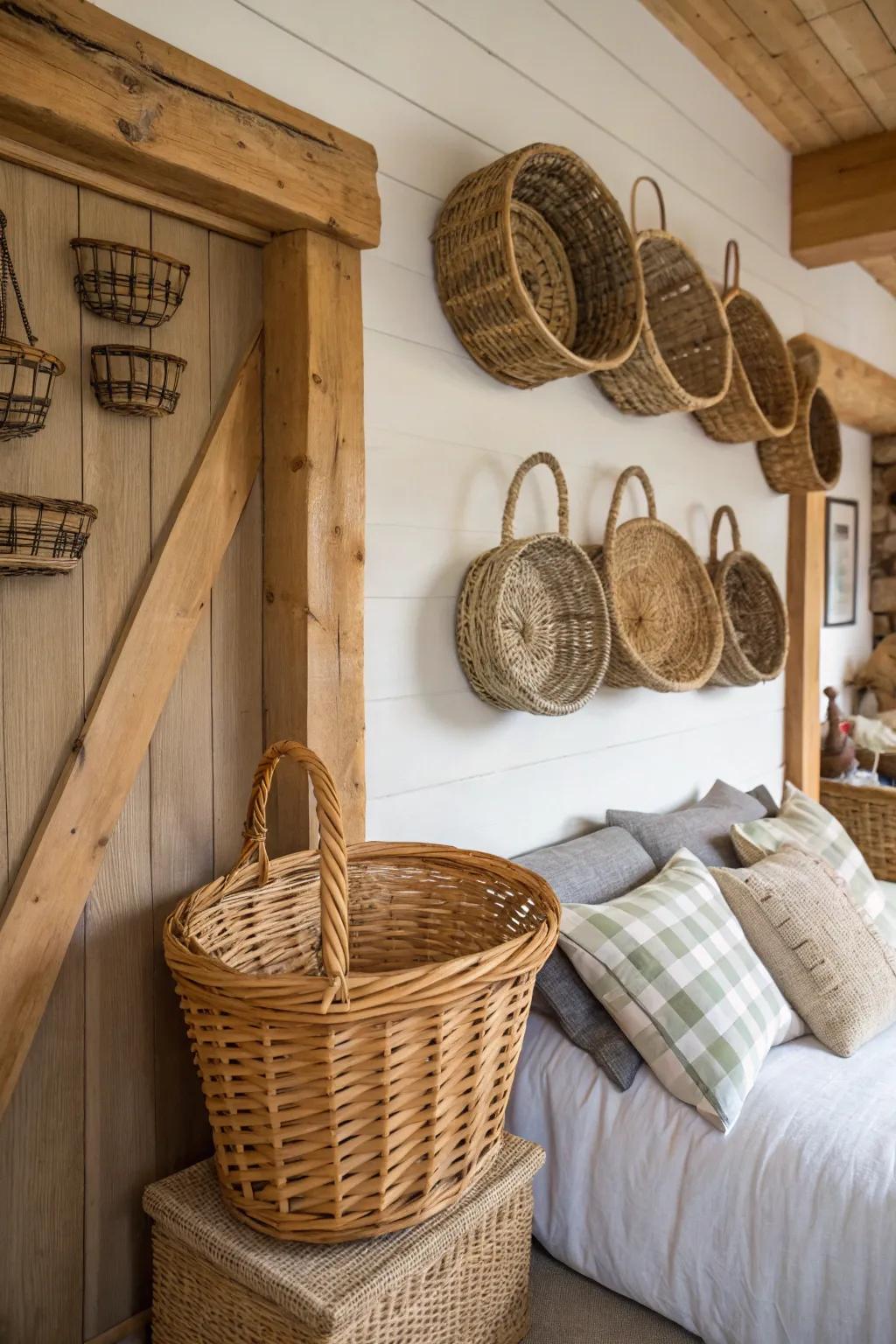 Woven baskets introduce a country texture.