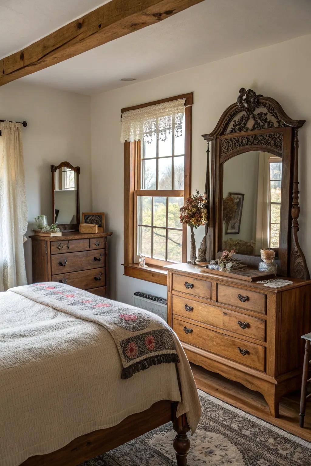 Vintage mirrors bring sophistication and depth.