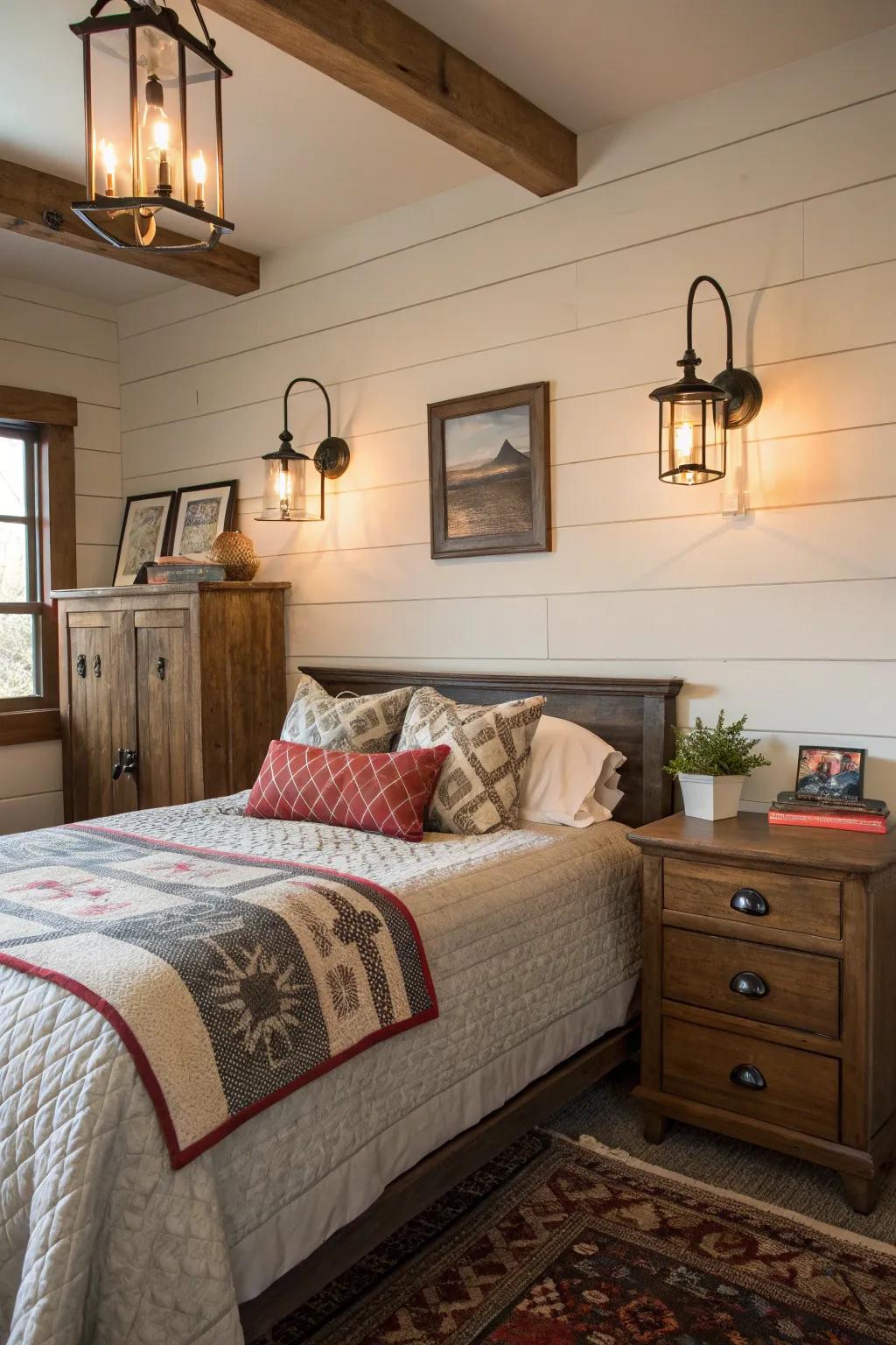 Industrial lights offer cozy illumination.