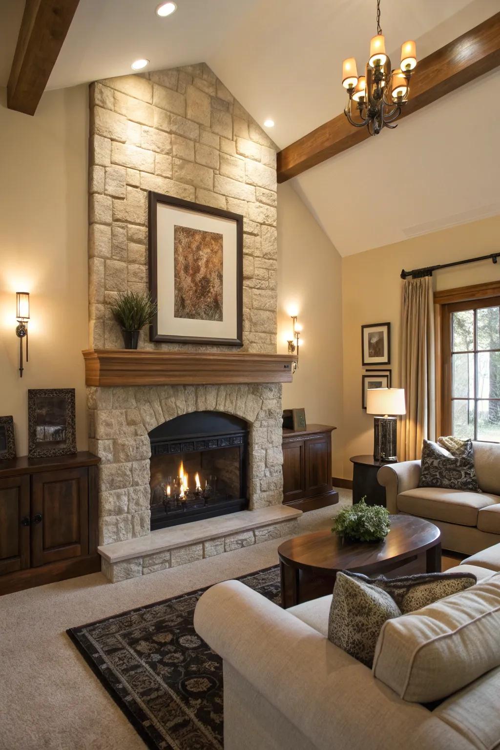 A living room with a traditional fireplace taking center stage.