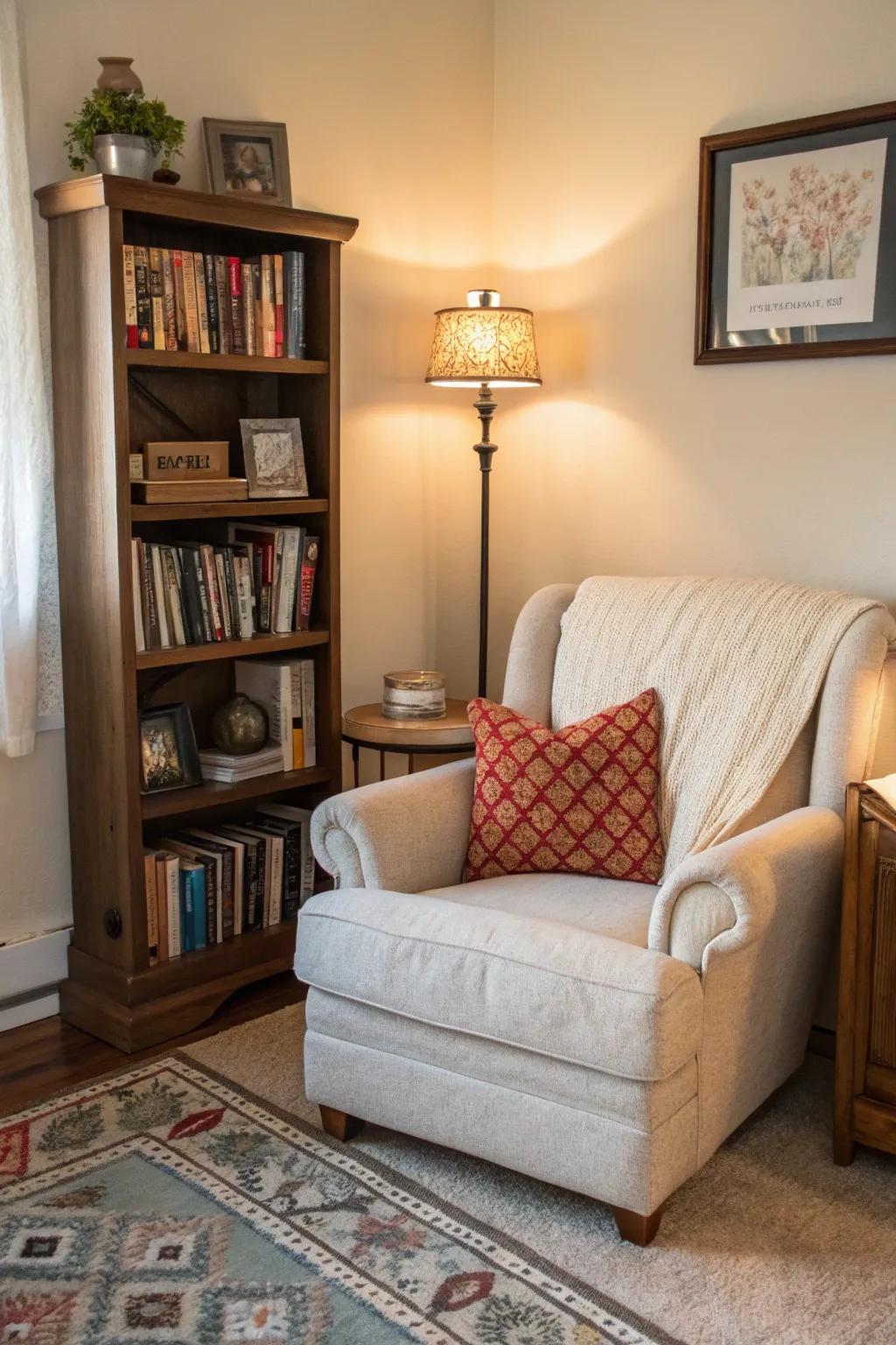 A peaceful reading retreat ideal for unwinding with a captivating book.